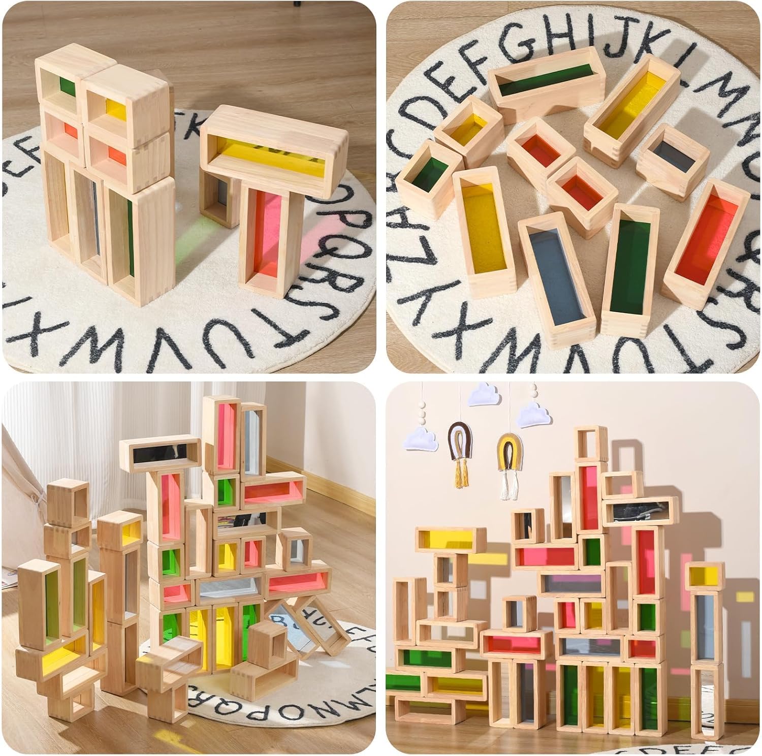 Large Wooden Building Blocks Set for Toddlers, 36 PCS Big Colorful Rainbow Window Hollow Blocks Set Montessori STEM Construction Toy for Kids Sensory Stacking Blocks for Preschool Kindergarten Play