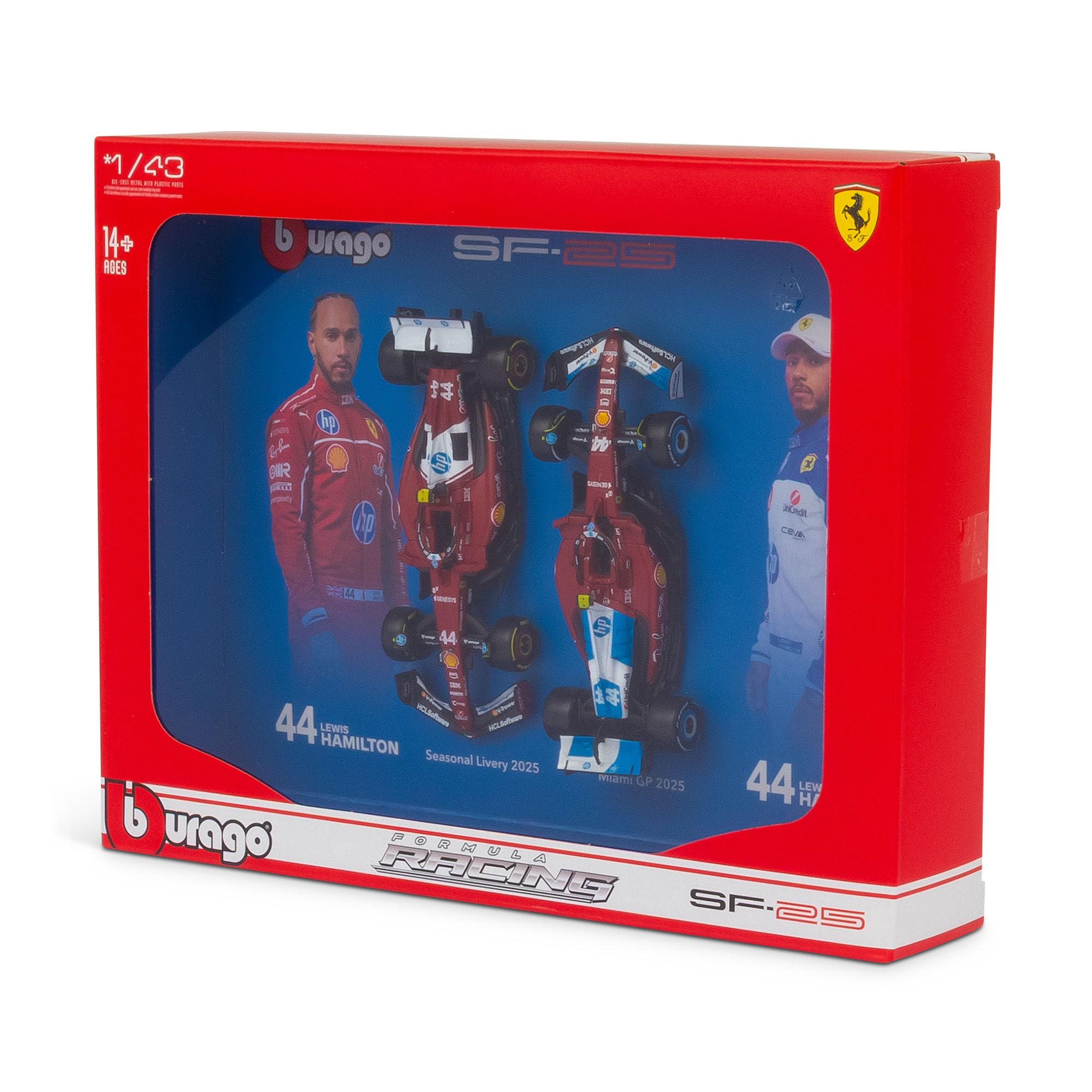 Bburago Ferrari SF-25 1:43 Scale Diecast Twin Pack, Charles Leclerc #16, 2025 Seasonal Livery and Miami GP Special Edition