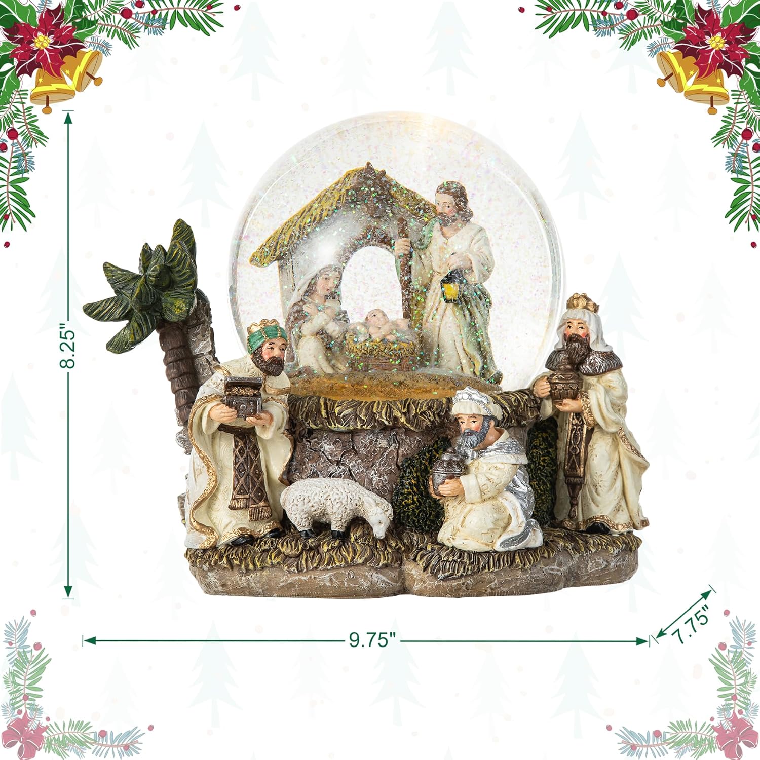 Glitzhome 150mm Lighted Musical Christmas Snow Globe,Oversized Resin Holy Family Nativity Figurines Scene Water Globe,Xmas Spinning Glitter Waterglobe for Christmas Festival Decoration Gifts