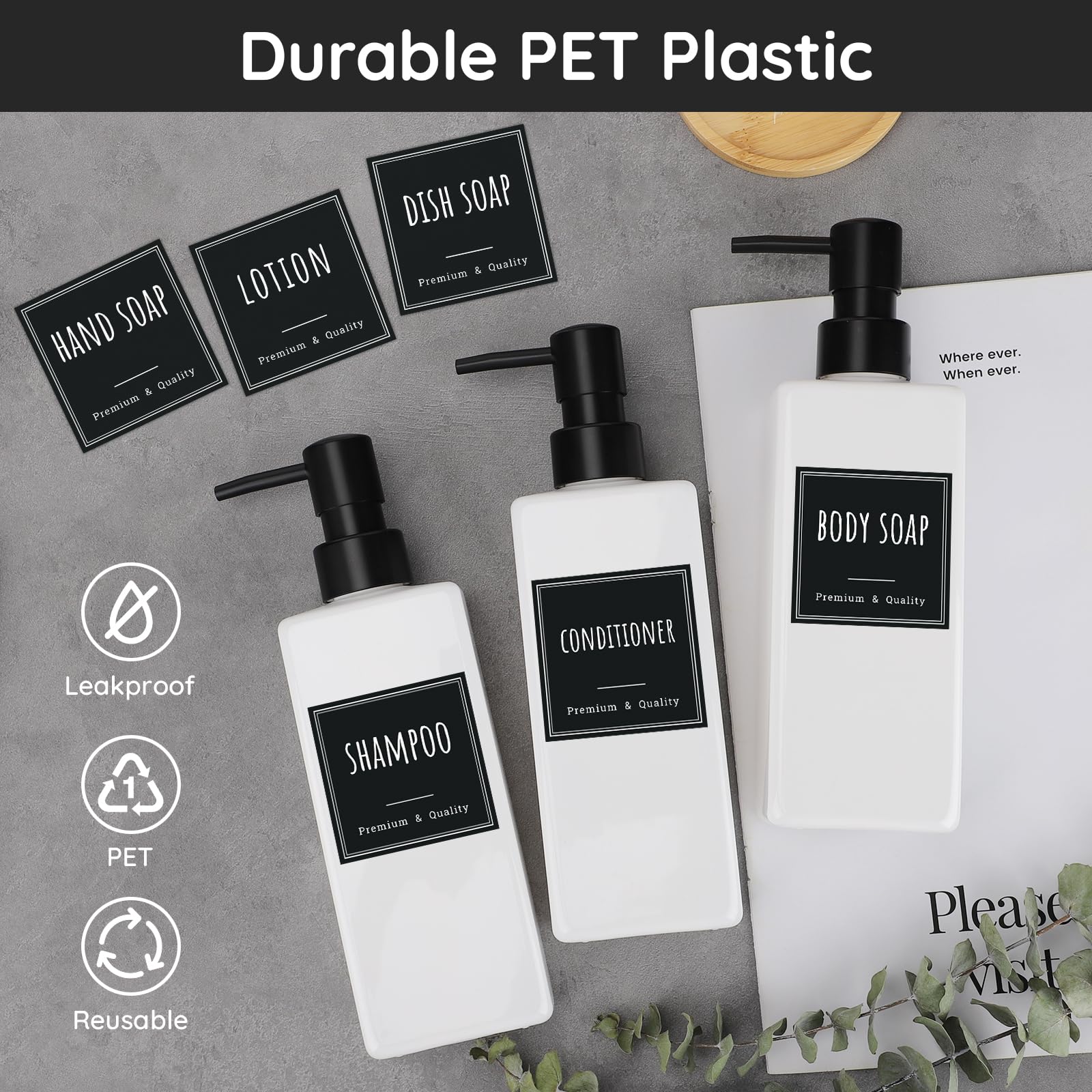 Segbeauty Distributeur Savon, 8 Pièces 500ml Flacon Pompe Vide, Distributeur Gel Douche, Distributeur Savon Blanc avec Etiquettes, Distributeur de Savon Cuisine