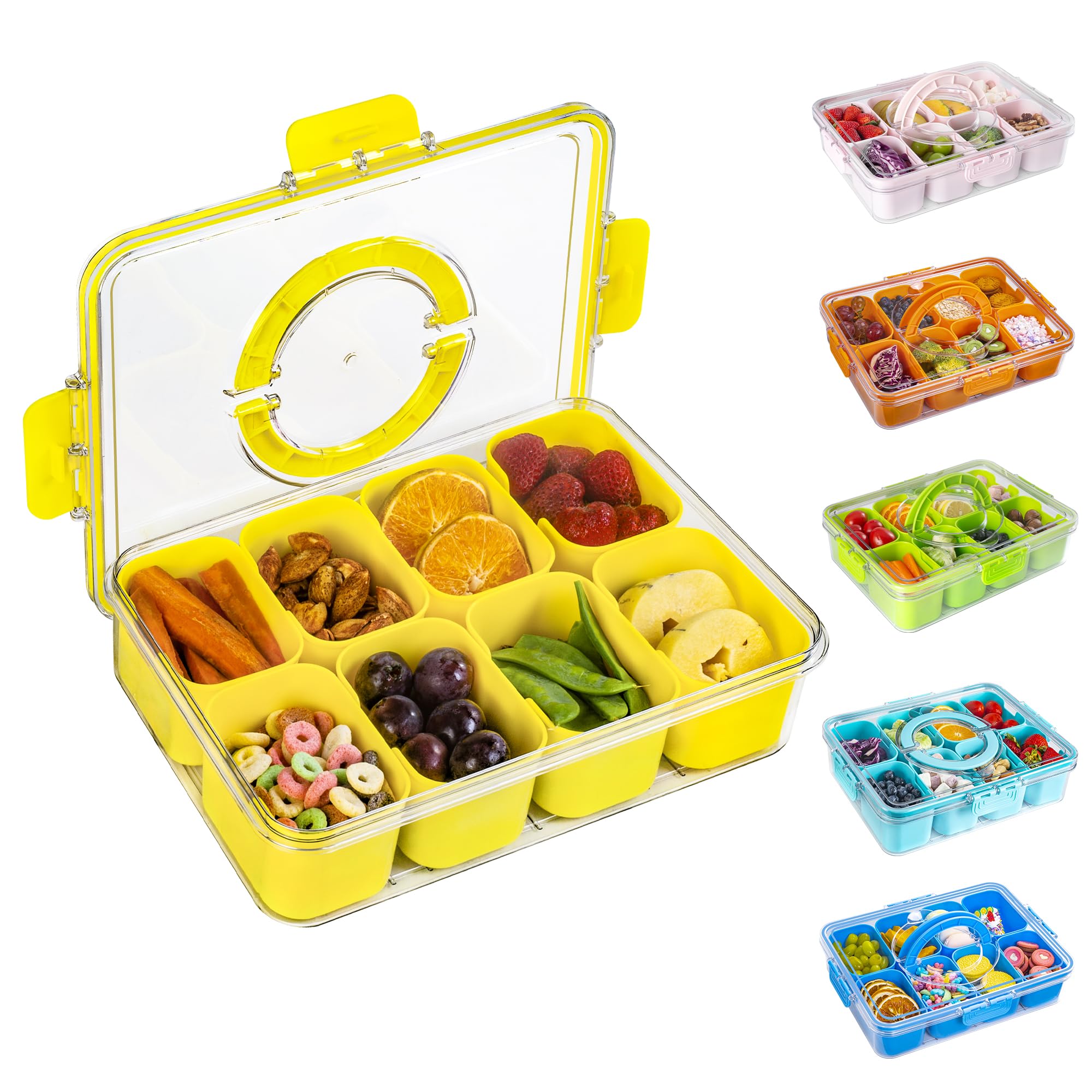 Divided Snack Serving Tray with Lid and Handle Travel Snackle Charcuterie Container Portable Storage Organizer for Candy, Fruits, Nuts, Snacks, Party,