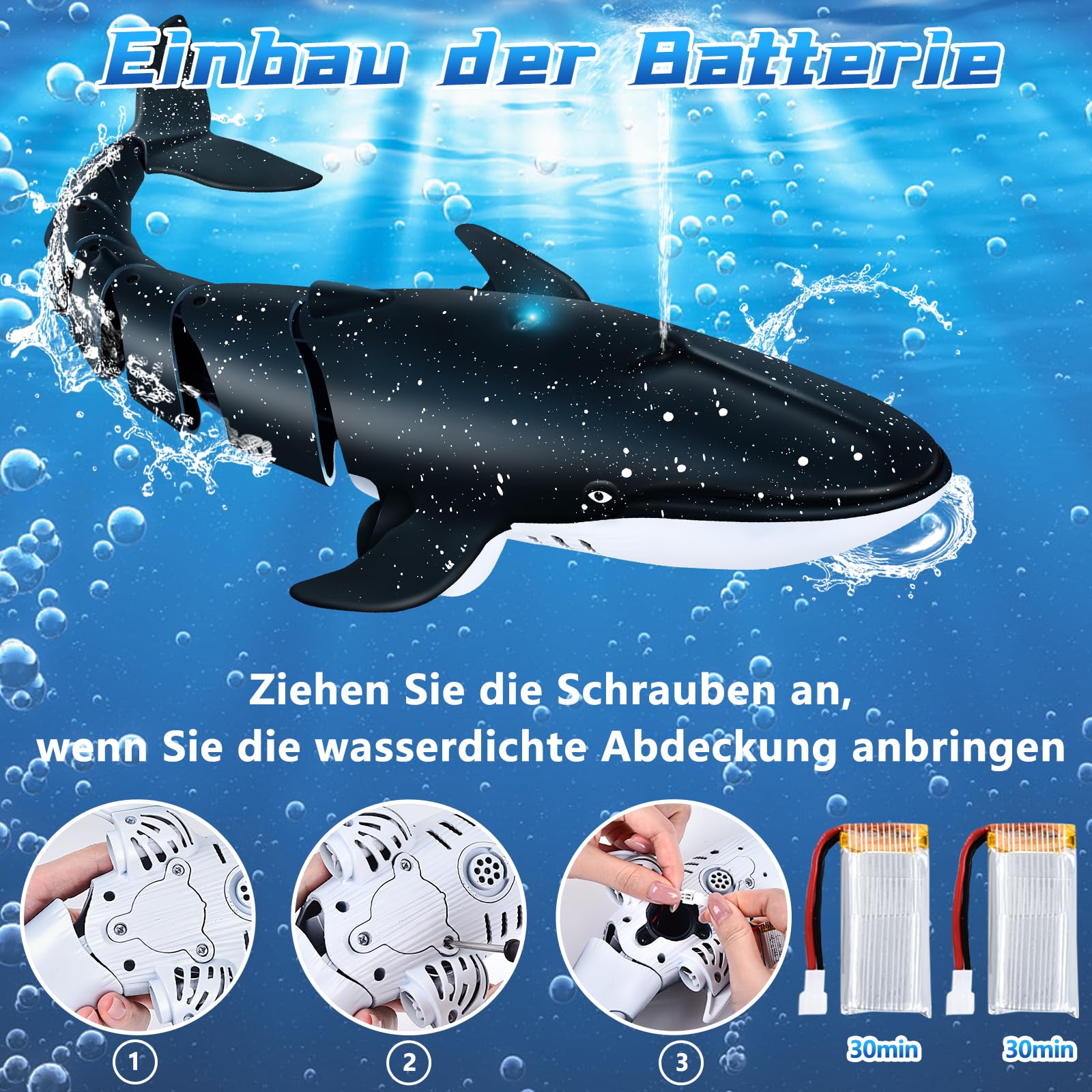 IEEILULU Ferngesteuertes Wal Wasserspielzeug, 2.4GHz Ferngesteuertes Wal Spielzeug mit Wassersprüheffekt, Wasserdichter Fernbedienung, Elektrische Simulation Spielzeug Geschenk für 6+ Kinder (Blau)