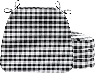 AAAAAcessories D-Shaped Chair Cushions, 2" Thick Dining Chair Pads with Ties and Removable, Machine-Washable Cover, 17" x 16", Set of 4, Checkered Black/White