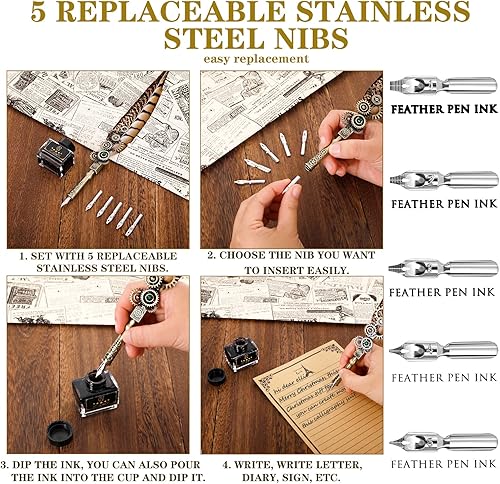 Miniatura 4 de NC Juego de tinta para plumas, incluye bolígrafo, cuaderno, 5 puntas reemplazables, sello, cuchara, cuentas de cera, cera blanca, tinta, soporte