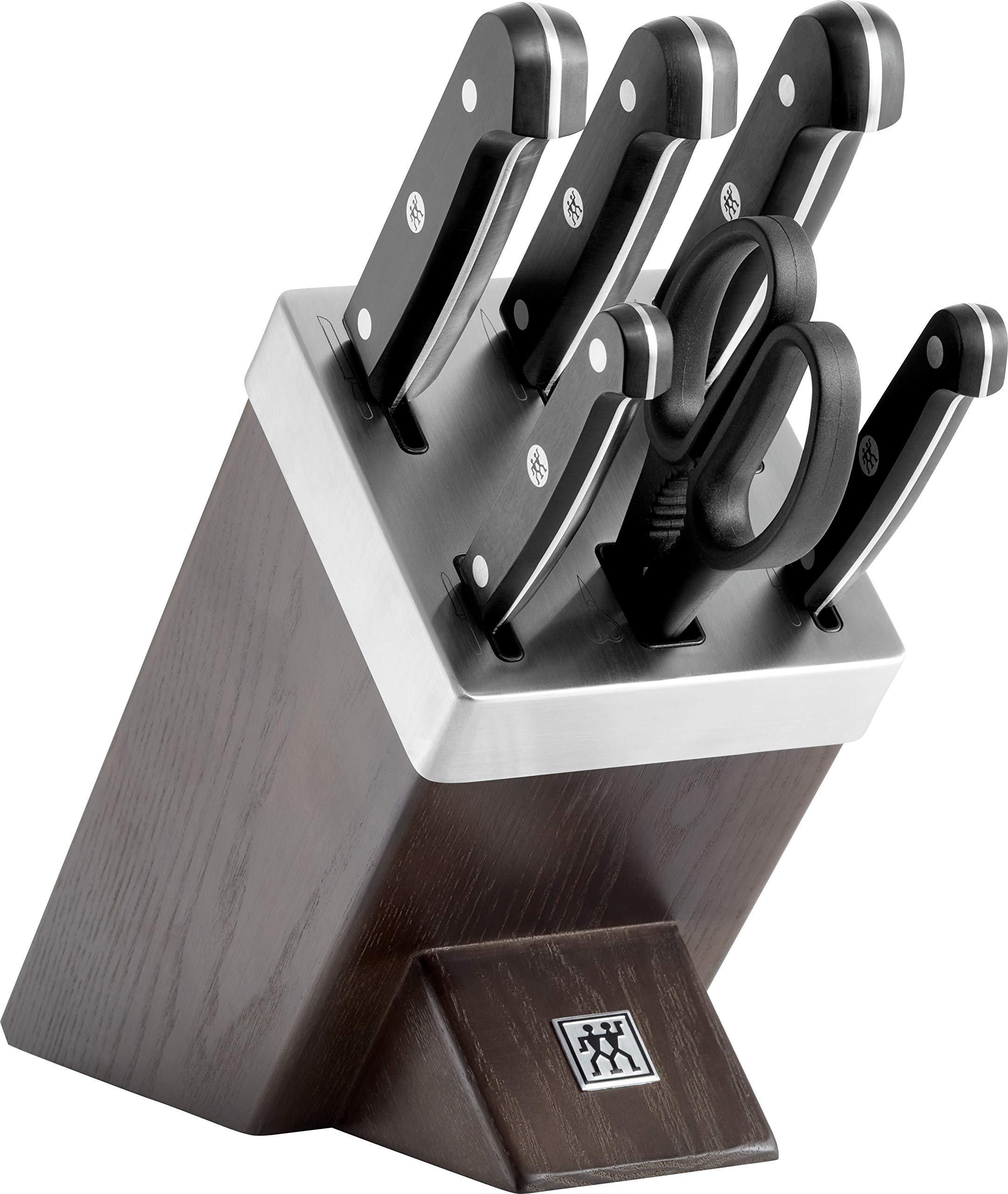 ZWILLING Selbstschärfender Messerblock, 7-tlg, Holzblock, Messer und Schere aus rostfreiem Spezialstahl/Kunststoff-Griff, Gourmet & 38115001 Gemüsemesser-Set, 3 tlg, Kunststoff, schwarz