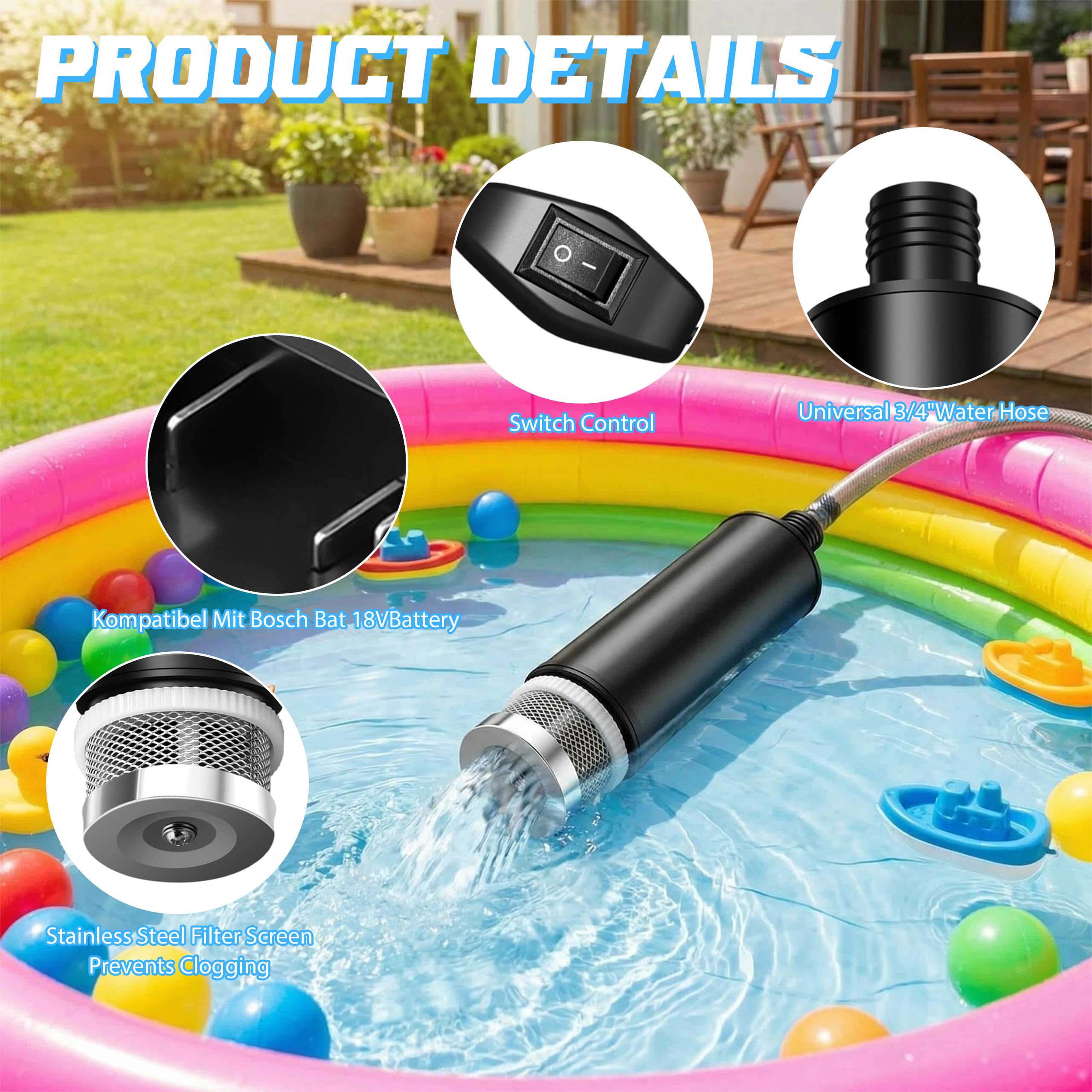 Pompe à eau compatible avec batterie Bosch BAT 18 V, pompe à eau submersible, pompe de transfert d'eau portable pour jardin, réservoir, piscine, étang, aquarium, irrigation et camping