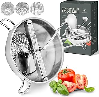 Ergonomic Food Mill Stainless Steel With 3 Grinding Discs - Rotary Food Mill for Tomato Sauce, Applesauce, Puree, Mashed Potatoes, Jams, Baby Food