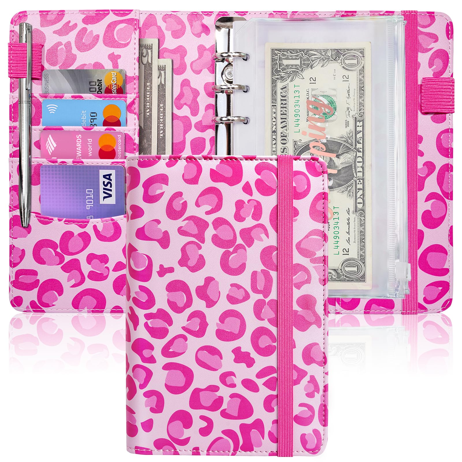 A6 Budget Binder for Money Saving, PU Leather Budget Planner with 8 Cash Envelopes, Budget Sheets &amp; Rose Gold Category Stickers, Money Organizer for Cash (Pink Leopard)