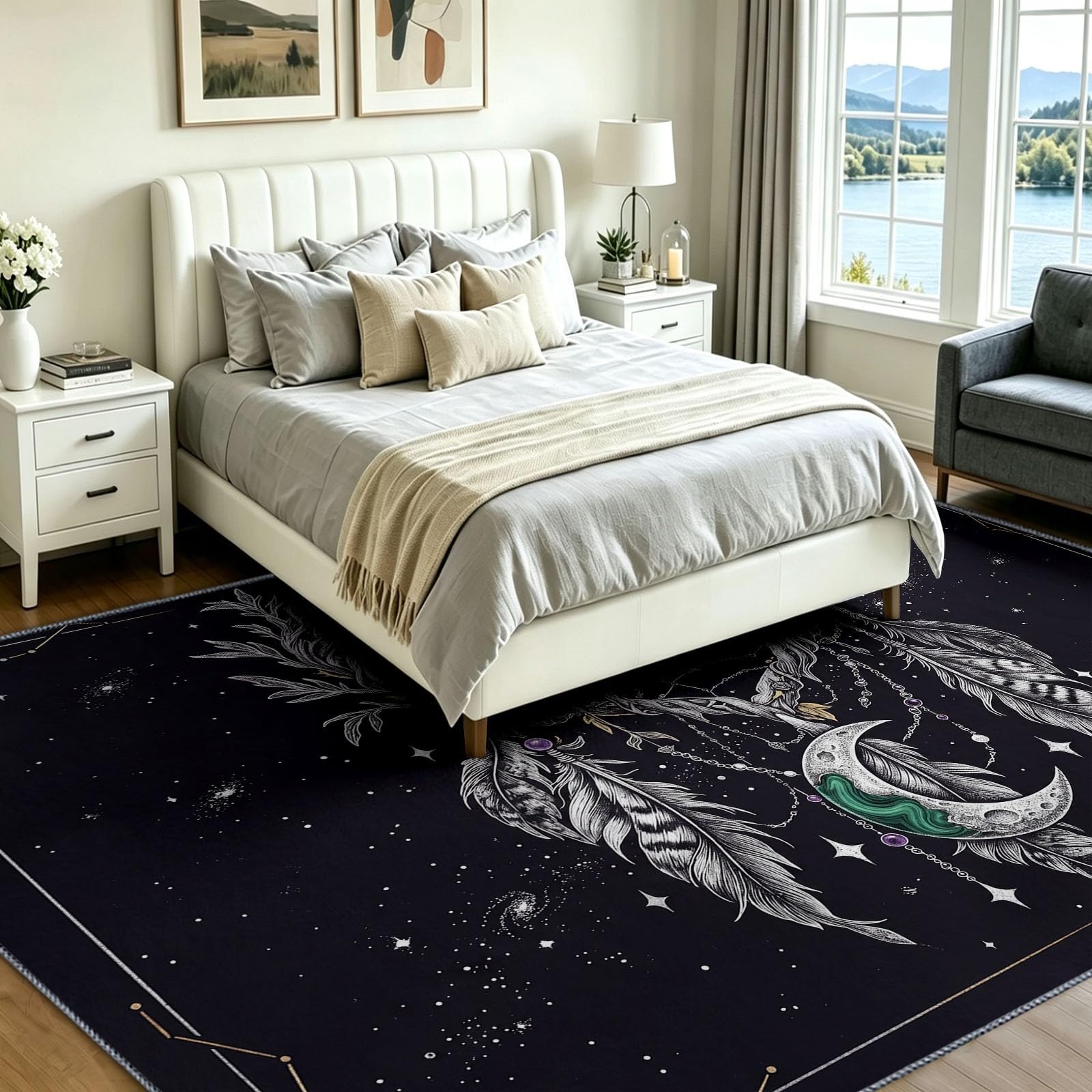 Generisch Teppich Wohnzimmer 120 x 180 cm Sternenhimmel Traumfänger Federn Muster - Teppich für Wohnzimmer Küche Schlafzimmer Und Flur, Weich rutschfest Fantasy Mysteriös Tepich Einfache Reinigung