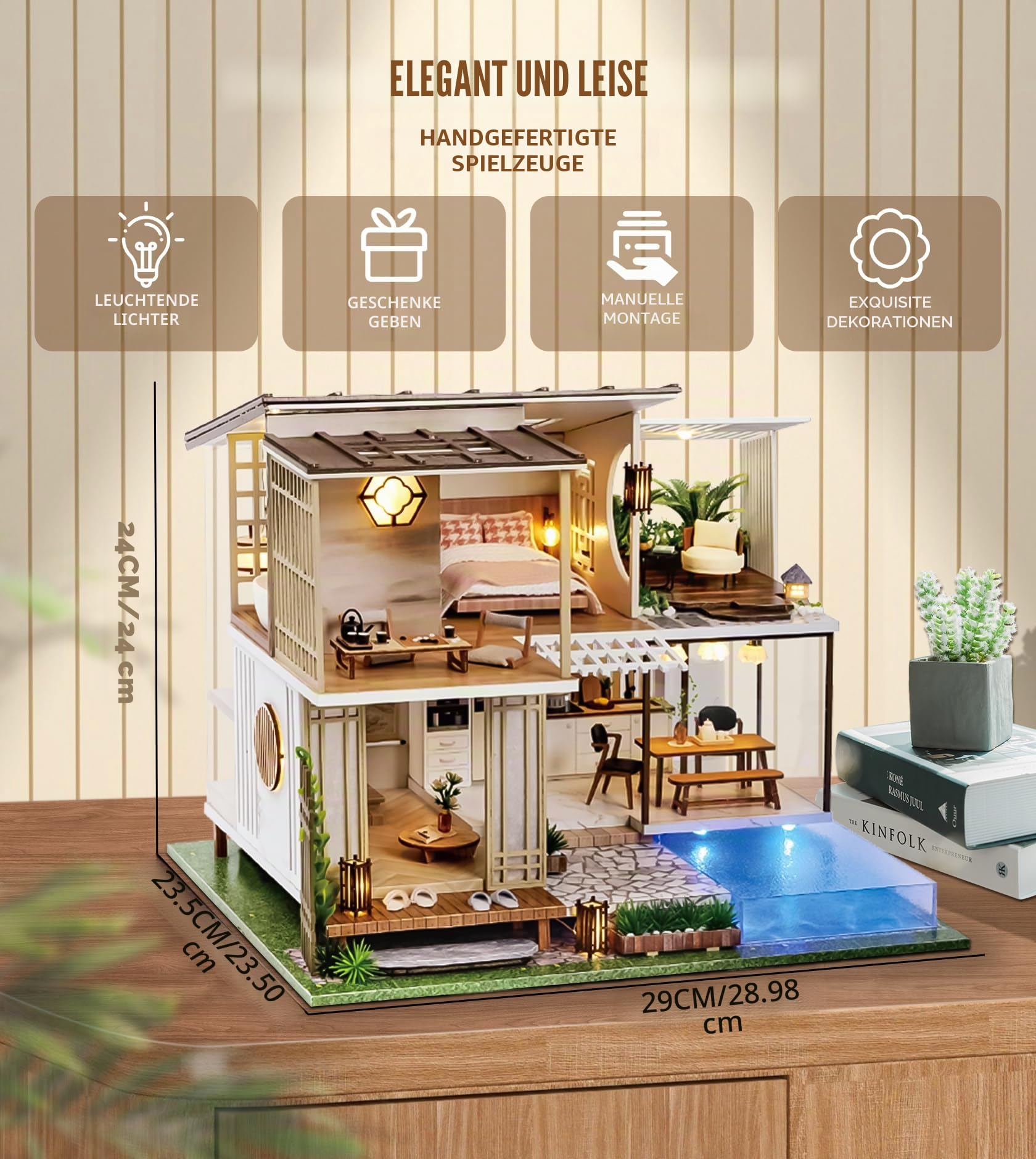 Spilay DIY Miniatur Haus, Mini Moderne Villa Modell Bausatz mit Spieluhr, 1:24 Maßstab kreative Puppenhaus, Beste Weihnachten Geburtstag Geschenk für Liebhaber (Elegant and Quiet)-A085 | DIY Miniature House mit LED-Licht, Staubschutz und Musikbox, 3D Puzz