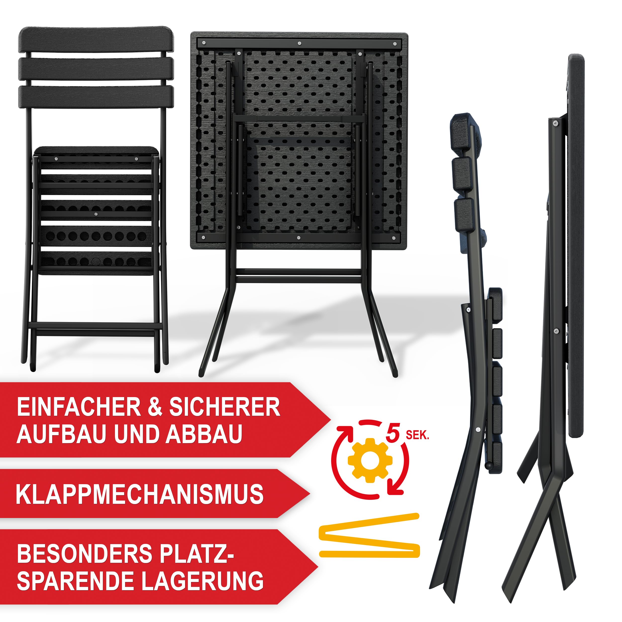 Onbest Balkontisch Set für 2 Personen – 3 teilig – Tisch mit 2 Stühlen – Klapptisch aus robustem Kunststoff in Holz Optik– klappbar – wetterfest – für Balkon, Garten & Terrasse