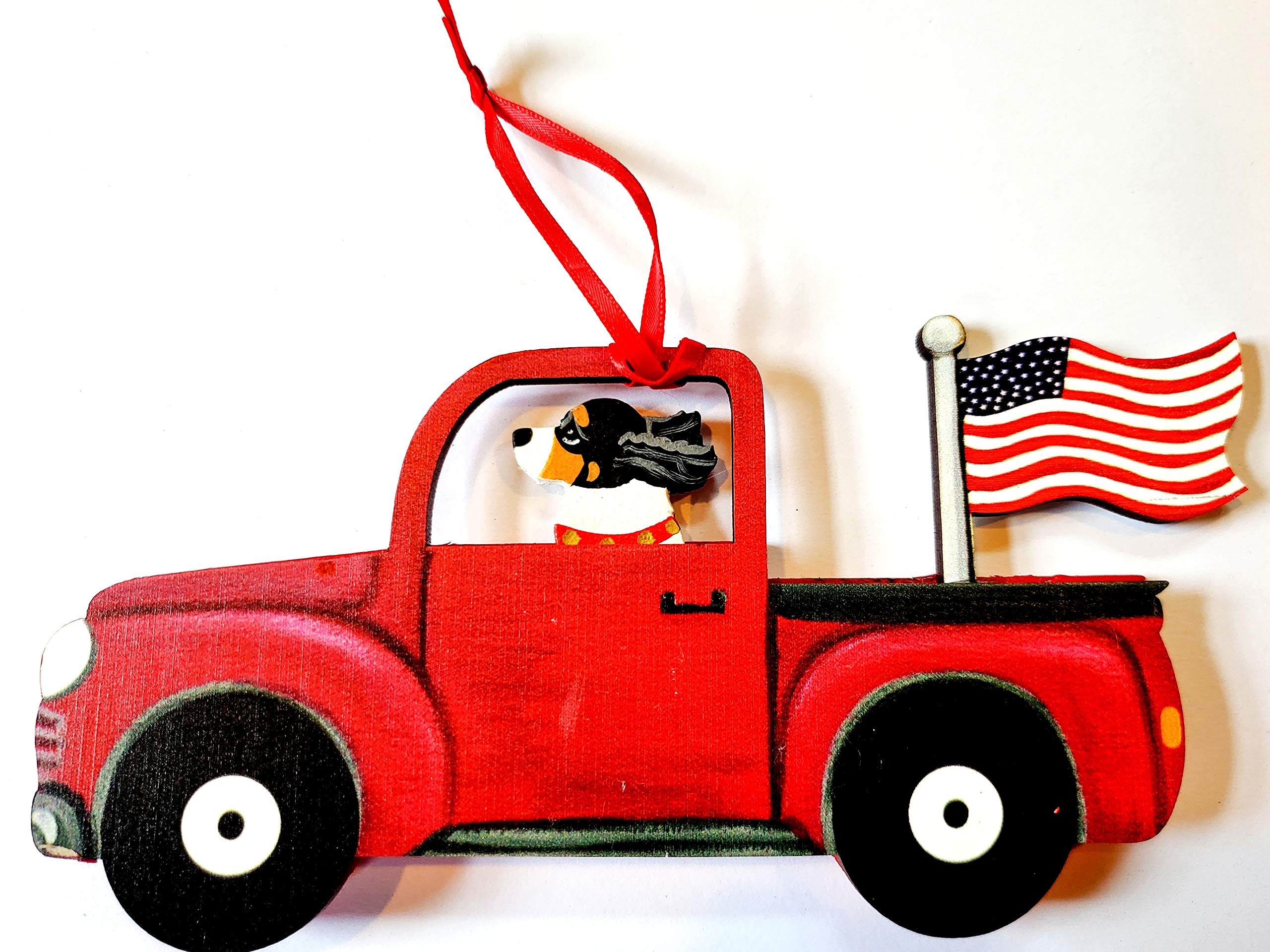 Dandy DesignTri Cavalier King Charles Spaniel Dog Retro Flag Truck Wooden 3-Dimensional Christmas Ornament - USA Made.