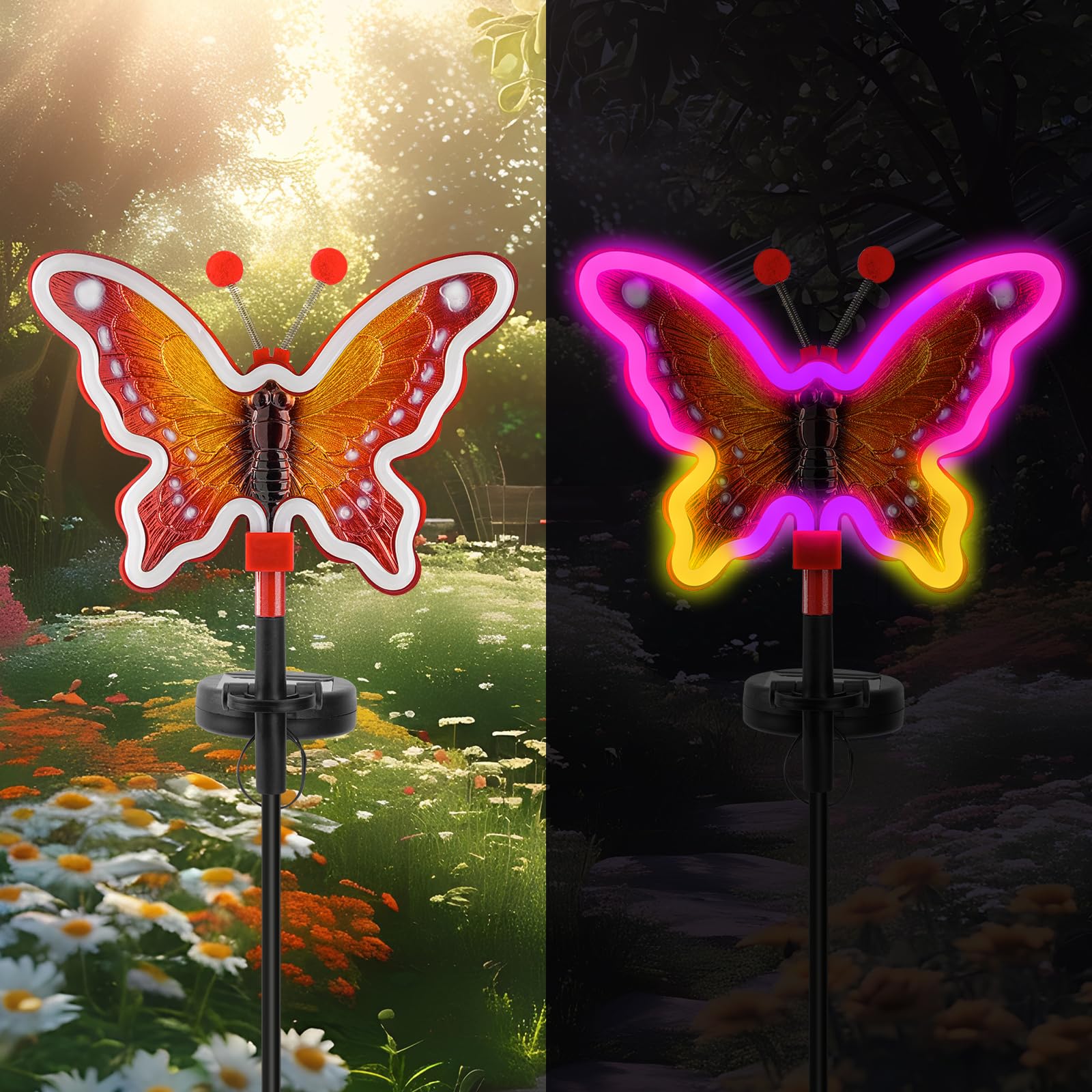 Solar Garden Butterfly Lights, Garden Outdoor Lights Decor, Butterfly Solar neon Light,led Butterfly Lights,Yard Patio Pathway Decoration (Red, 2pack)