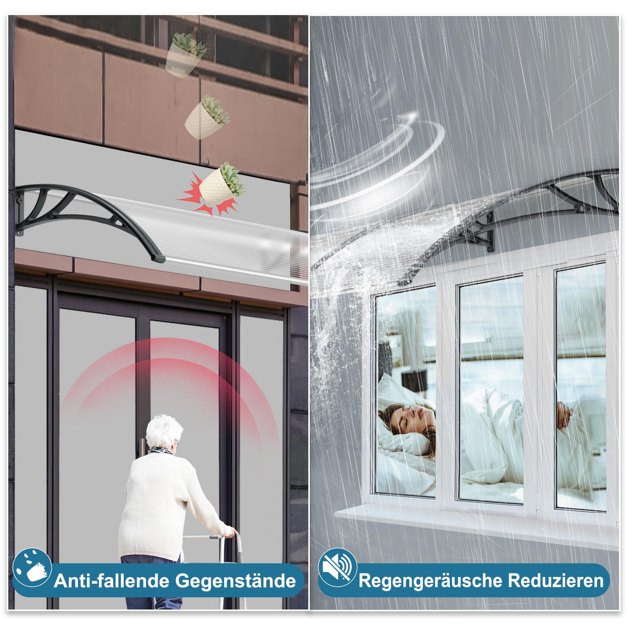 Froadp 100x150cm Marquesina para Puerta, Toldos de Policarbonato, Semitransparente Tejadillo Exteriores de Protección para contra la Lluvia Nieve y los Rayos UV, Toldos para Ventanas de Patio(Gris)