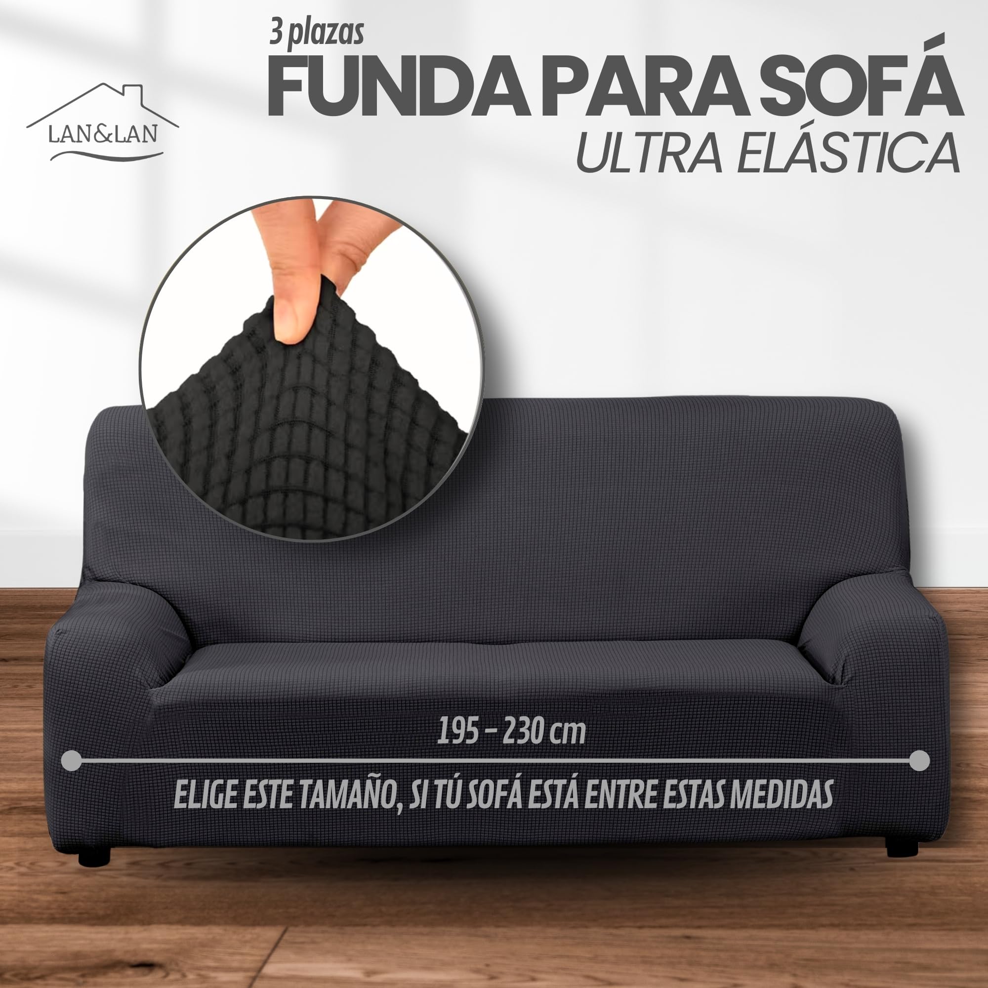 LAN&LAN - Funda Sofa, 3 plazas, Funda Sofá Elástico y Ajustable, Funda de Sofa Cómoda y Lavable, Cubre Sofá Que Previene Manchas de Niños y Pelos de Mascotas (Gris Oscuro)