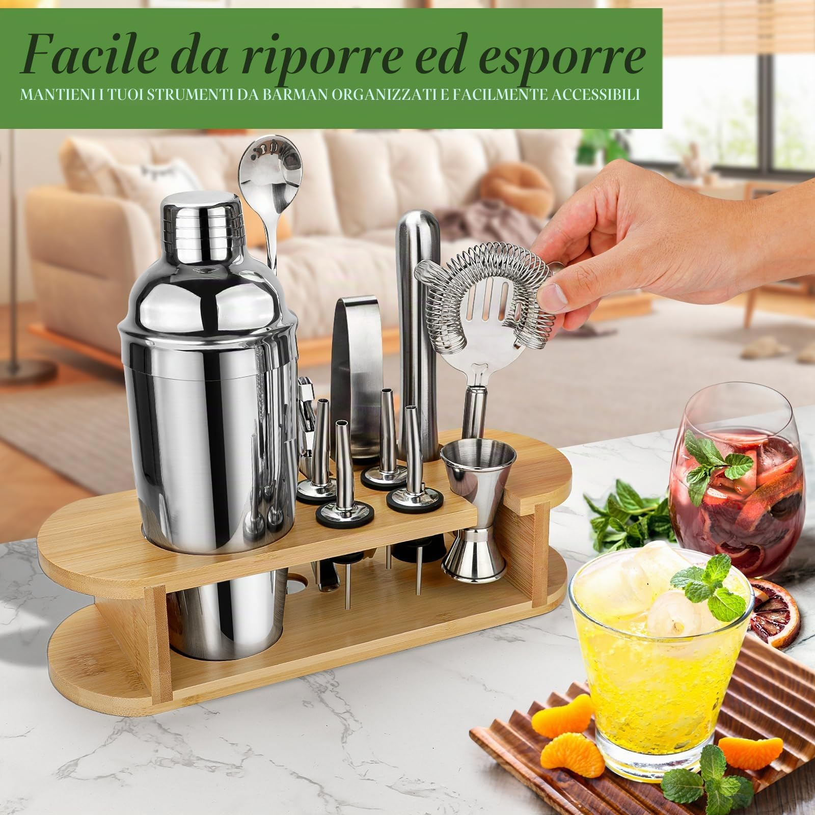 Set Shaker da Cocktail con Supporto, Set Cocktail Professionale in Acciaio Inox, Set Bar 12 pezzi per Miscelare le Bevande, Regali Donne Uomini Amanti dei Cocktail, Shaker da Cocktail Home Essentials