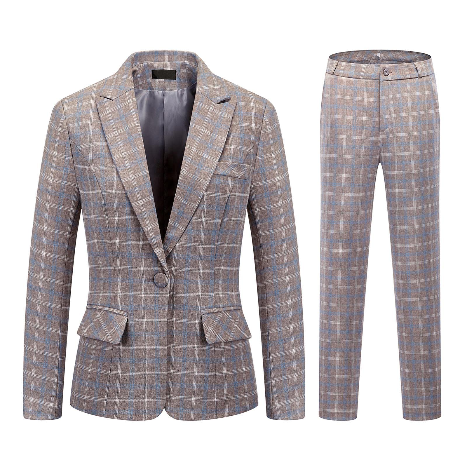 2-teiliges Damenanzug-Set, kariert, für Business, Büro, Blazer, Jacke, lässig, langärmelig, Hosenanzug-Set