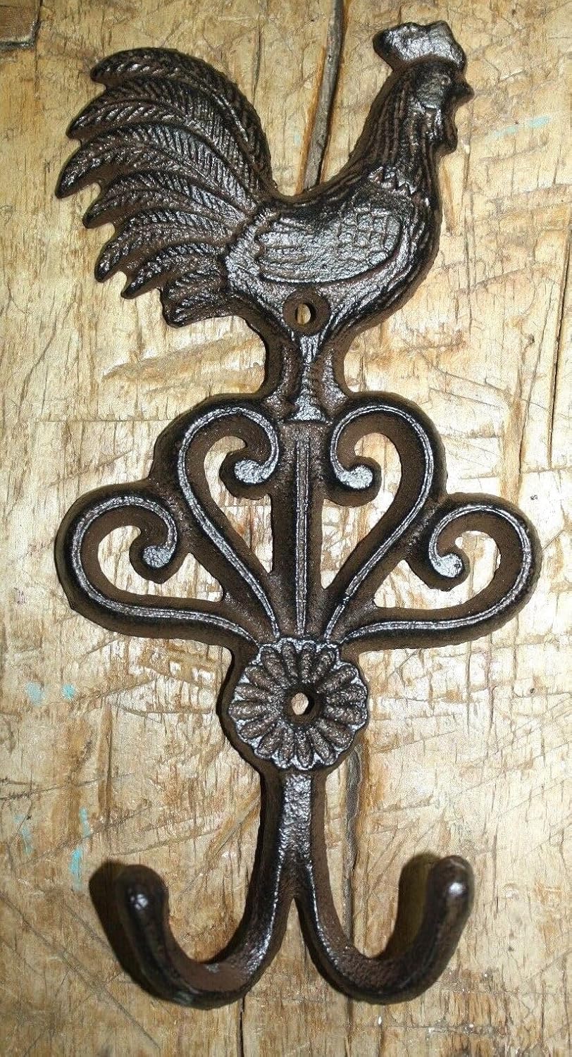 Cast Iron Antique Style Rustic Rooster Coat Hook Brown Finish Chicken Hat Rack XLR-1393 Farmhouse Home Wall Desk Office Home Decor Hanging Decorations
