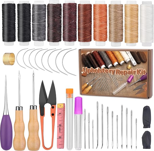 BUOKKON 40 Pcs Leather Sewing Kit Sewing Kit Include Leather Hand Sewing Needles Sewing Thread Stitching Awl and Tape Measure Leather Stitching Kit for Leather Craft DIY