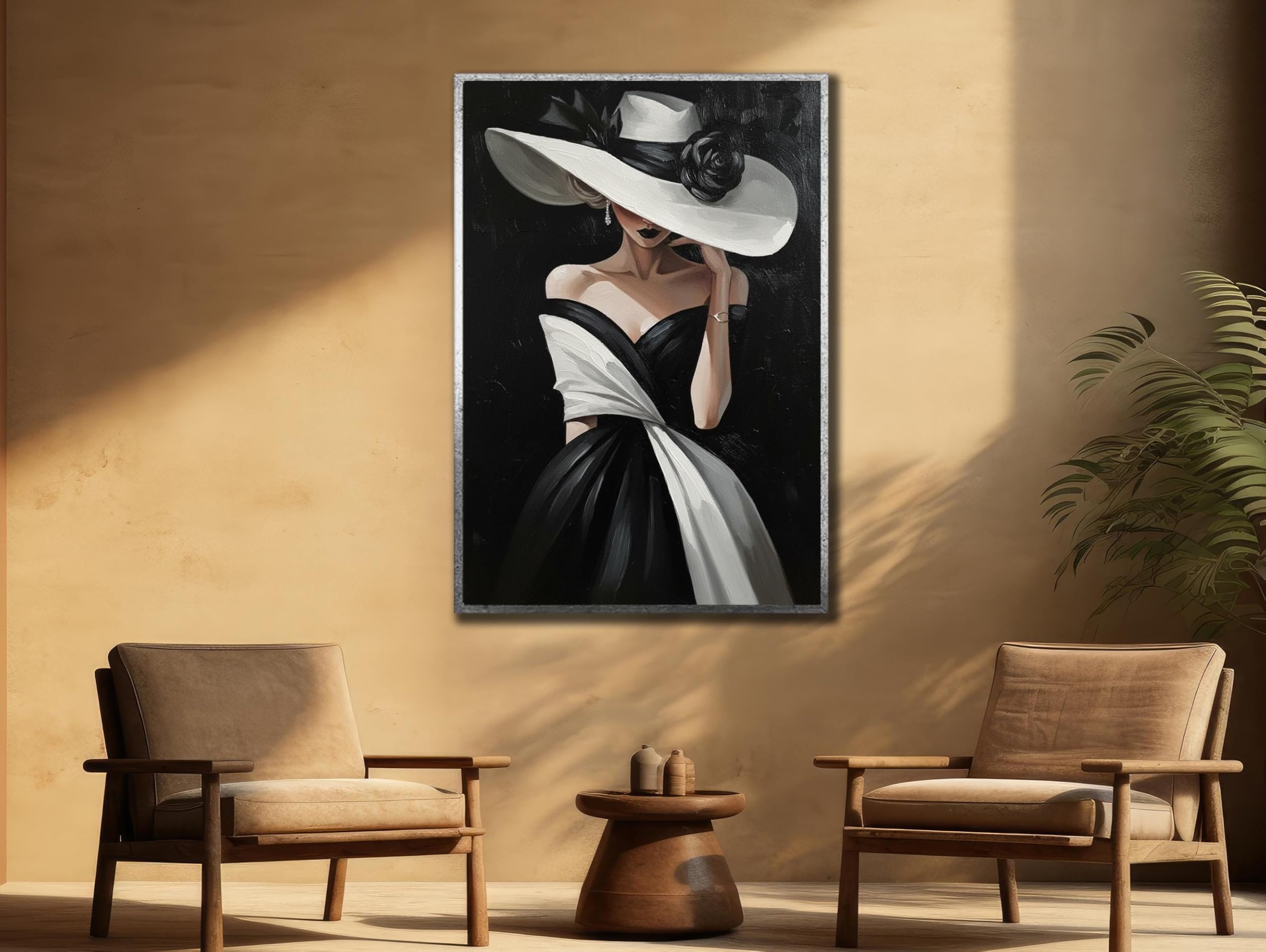 LMYCHENG Obraz dekoracyjny Kobieta w czarnym kapeluszu: minimalistyczny obraz ścienny abstrakcyjna sztuka ścienna mural do salonu sypialni (60 x 90 cm / rama wewnętrzna)