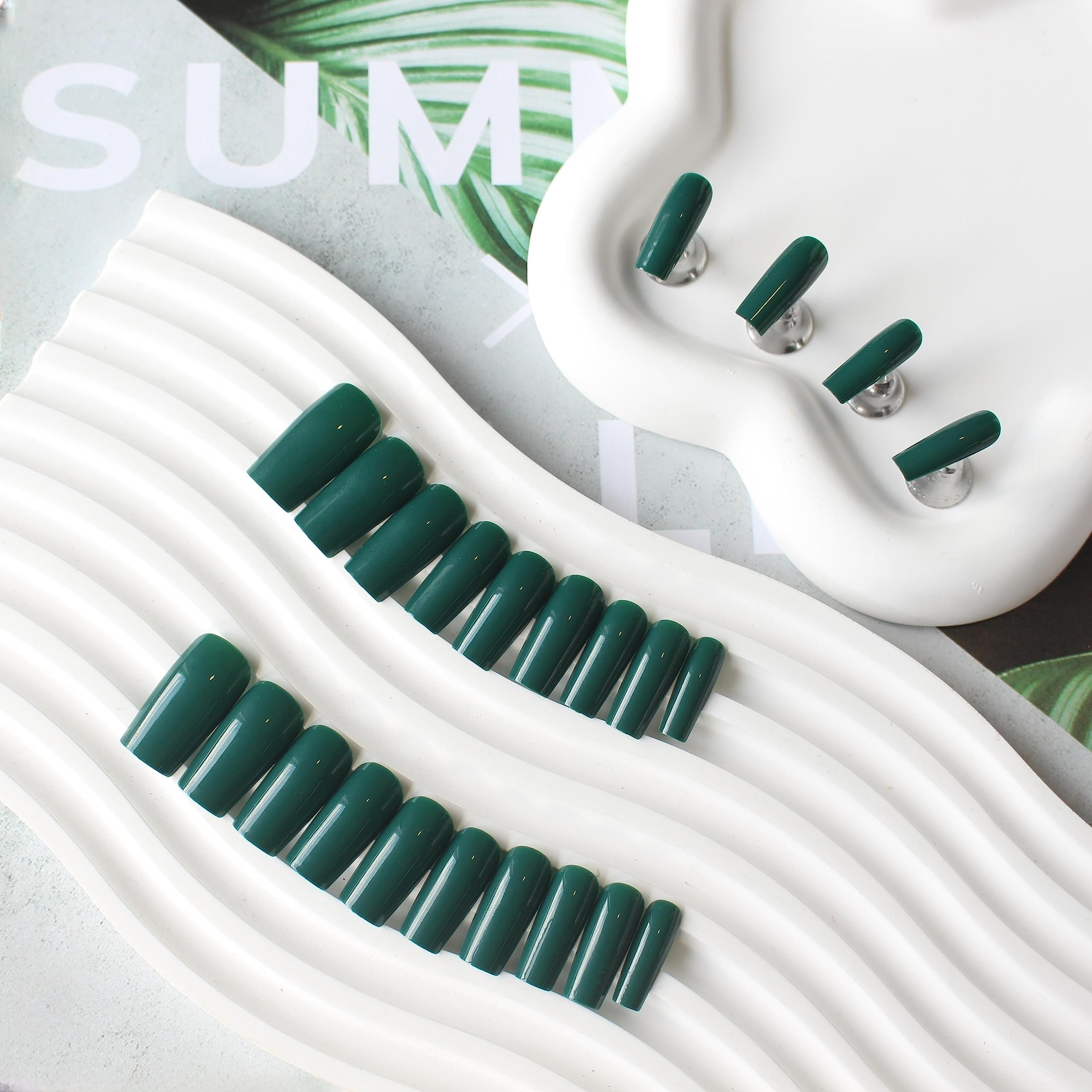SXVME Dark Green Press on Nails Long Square, Forest Green False Nails Coffin - Image 4