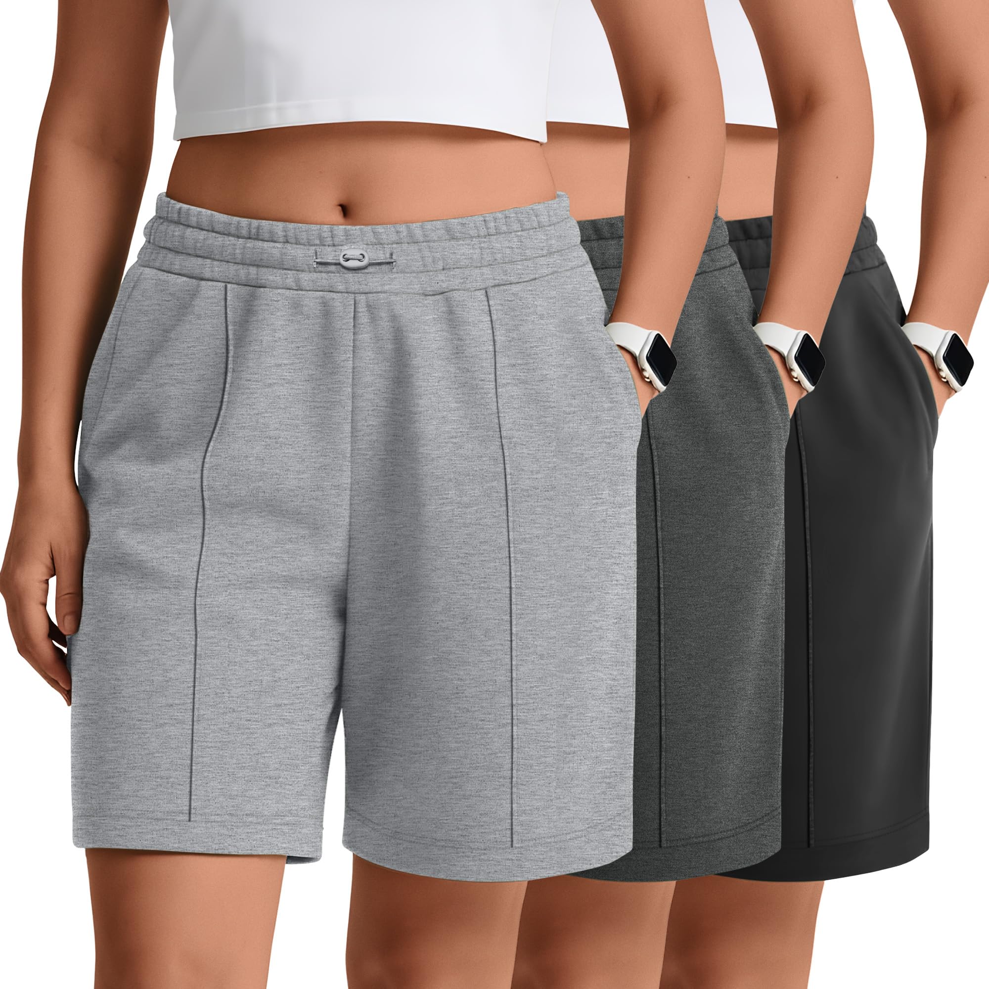 Baggyfly 3 Pack Women's Plus Size Athletic Drawstring Shorts Bermuda Long Sweat Short High Waist Casual Pants with Pockets