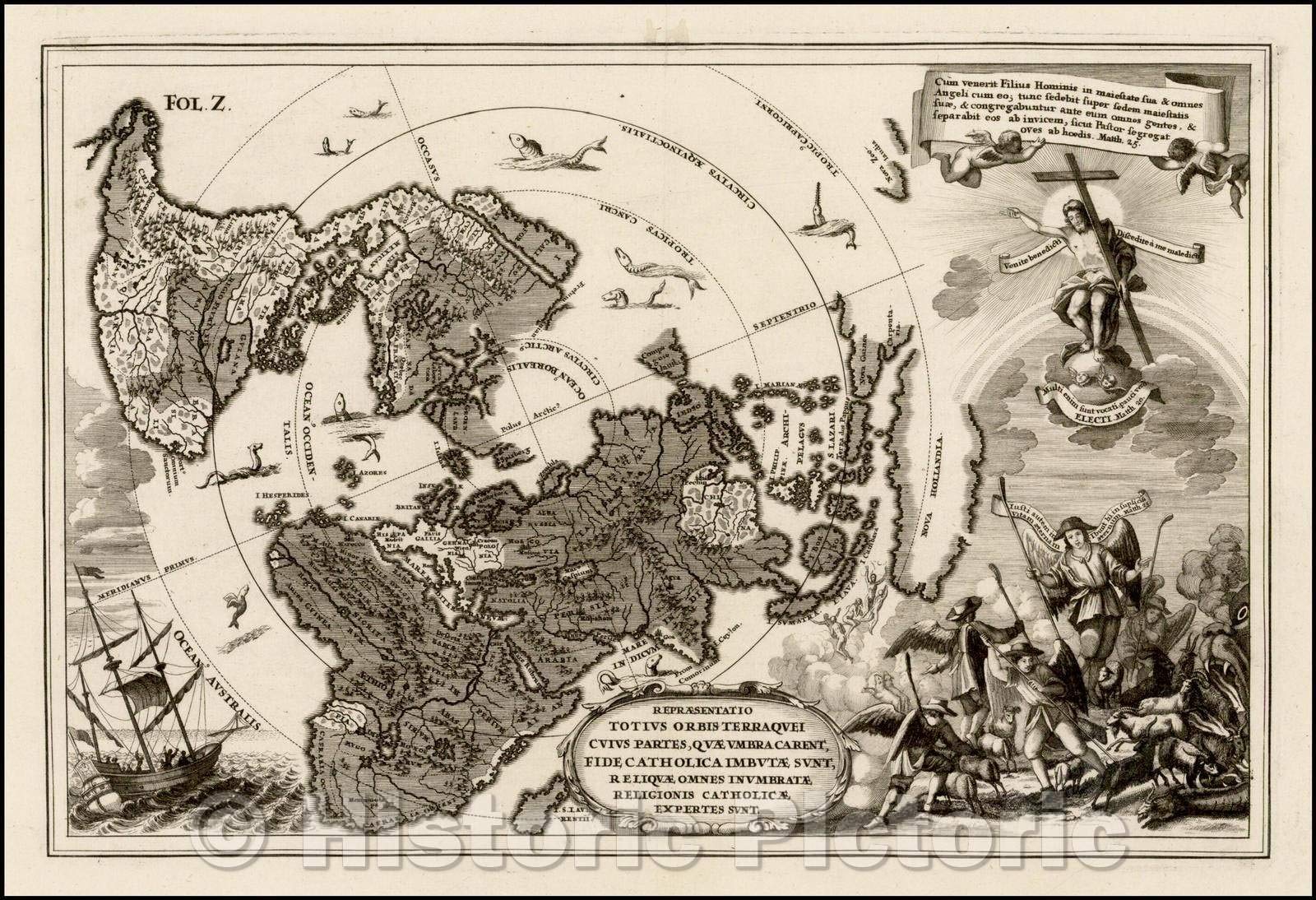 Historic Map - Repraesenatitio Totius Orbis Terraquei Cuius Partes, quae Unbra Carent, Fide Catholica Imutae Sunt, Reliquae Omens Inumbratae Expertes Sunt, 1702 v1 64in x 44in