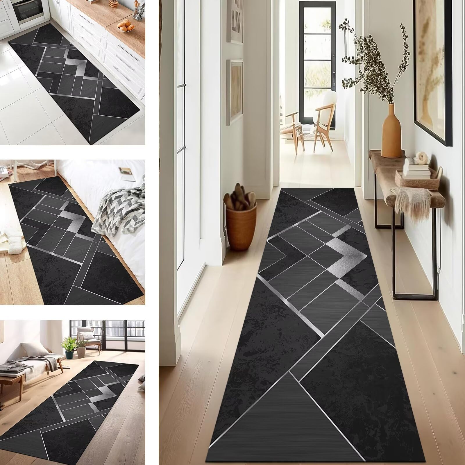 Tapis de couloir design moderne géométrique argent et noir 60x500cm