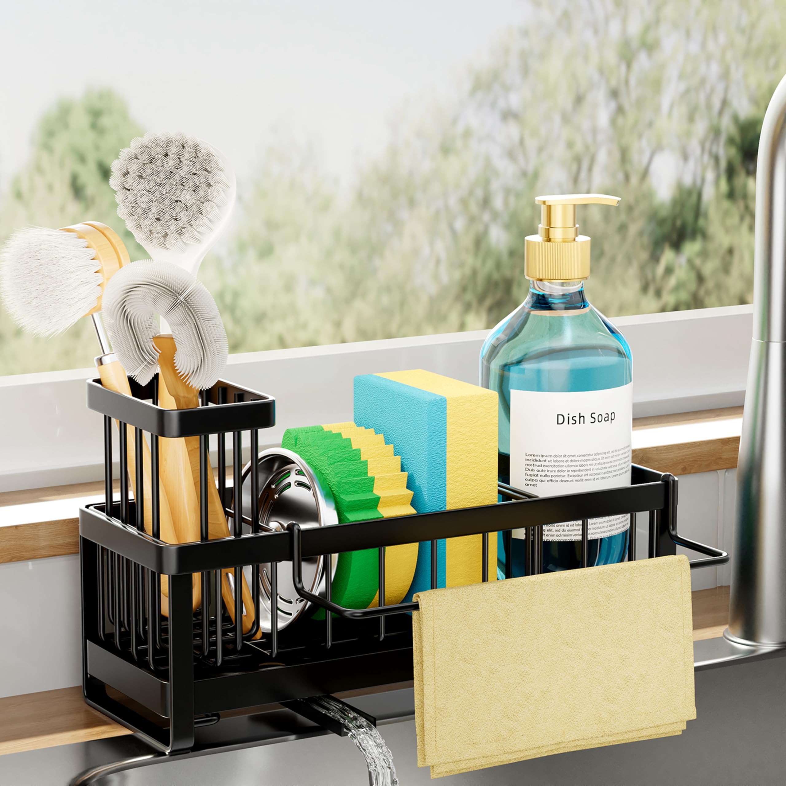 SWTYMIKI Sponge Holder for Kitchen Sink - Sink Caddy with Brush Holder Self-draining Sponge Caddy Organizer with Divider