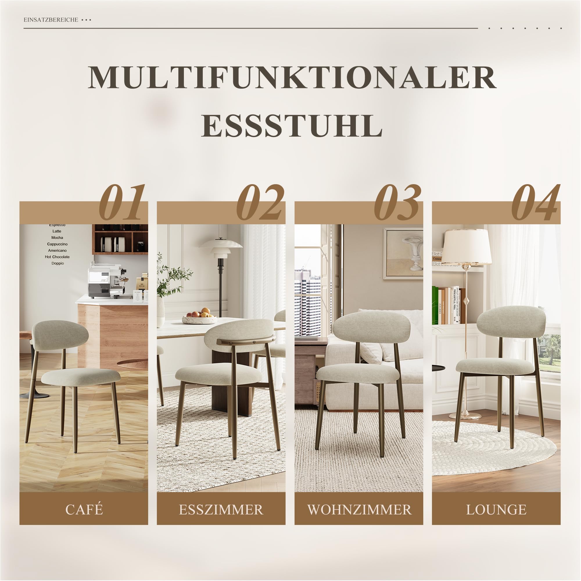 MALOL Esszimmerstühle 4er Set, Gepolsterte Stühle Esszimmer, Küchenstühle, Esstisch Stühle mit geschwungener Rückenlehne & Metallfüßen, moderne Stoffstühle für Küche, Wohnzimmer und Gastronomie, Kamel