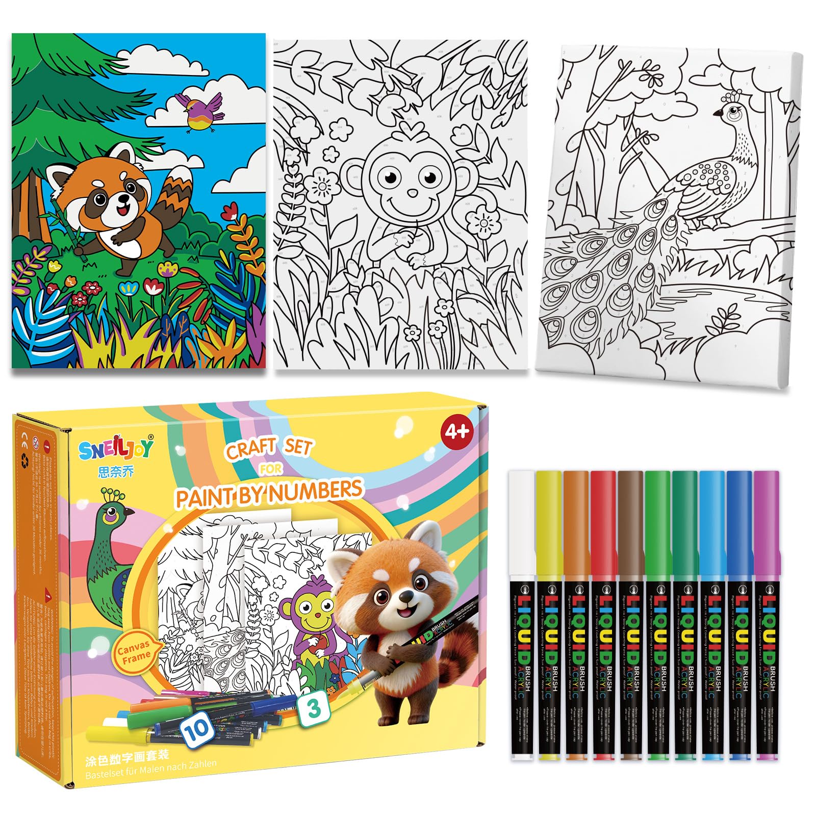 SNEILJOY Paint by Numbers Kit for Kids Ages 4-12, 3 Pack Canvas Set