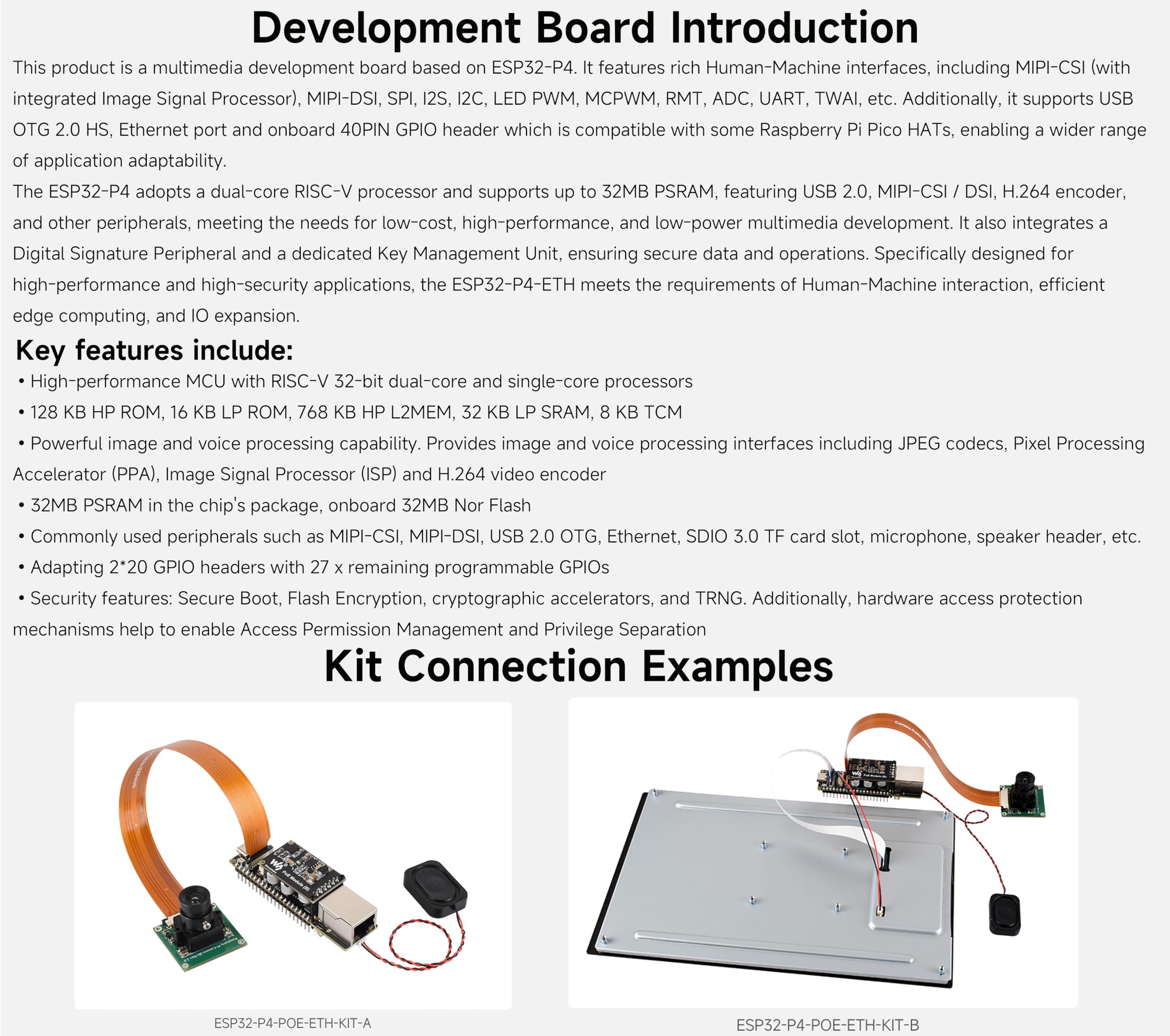 Scheda di sviluppo ESP32-P4-ETH, basata sulla porta Ethernet RJ45 ESP32-P4 +100 Mbps, supporta l'interazione vocale AI, con touchscreen DSI da 10,1 pollici, modulo PoE, fotocamera e altoparlante (14
