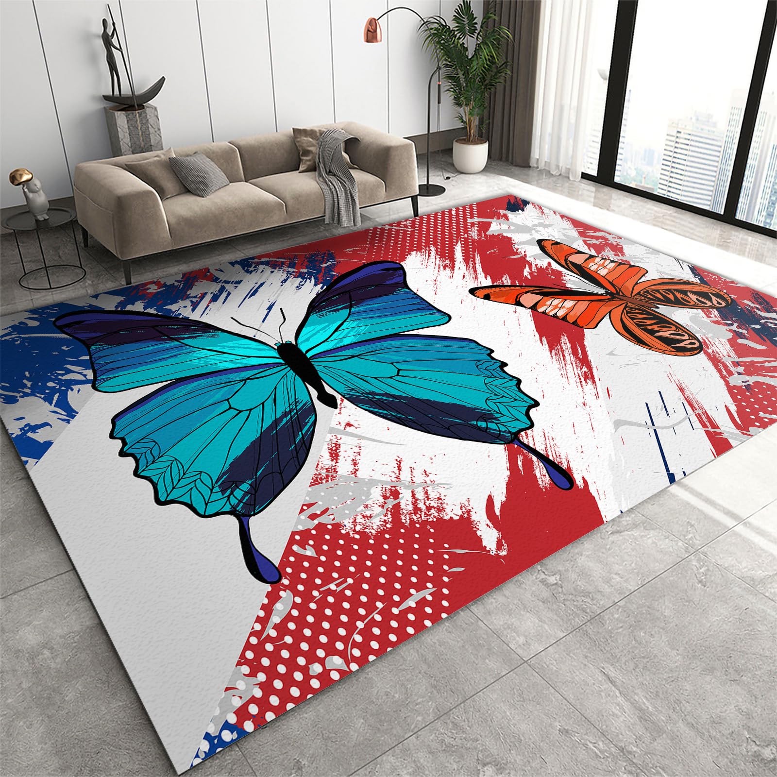 Area Rug 180x240cm Machine Washable Area Rug, Modern Abstract Butterfly Print Low Pile Carpet, American Flag Carpet, Non Slip Living Room Rug Indoor Large Accent Rug for High-Traffic Study Room