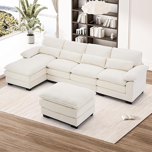 OUYESSIR 114" U Shape Sectional Cloud Couch with Ottoman,Comfy Sectional Couches for Living Room,4 Seater Fluffy Sectional Sofa,Plush Sectional Sofas & Couches with 4 Pillows,Beige White