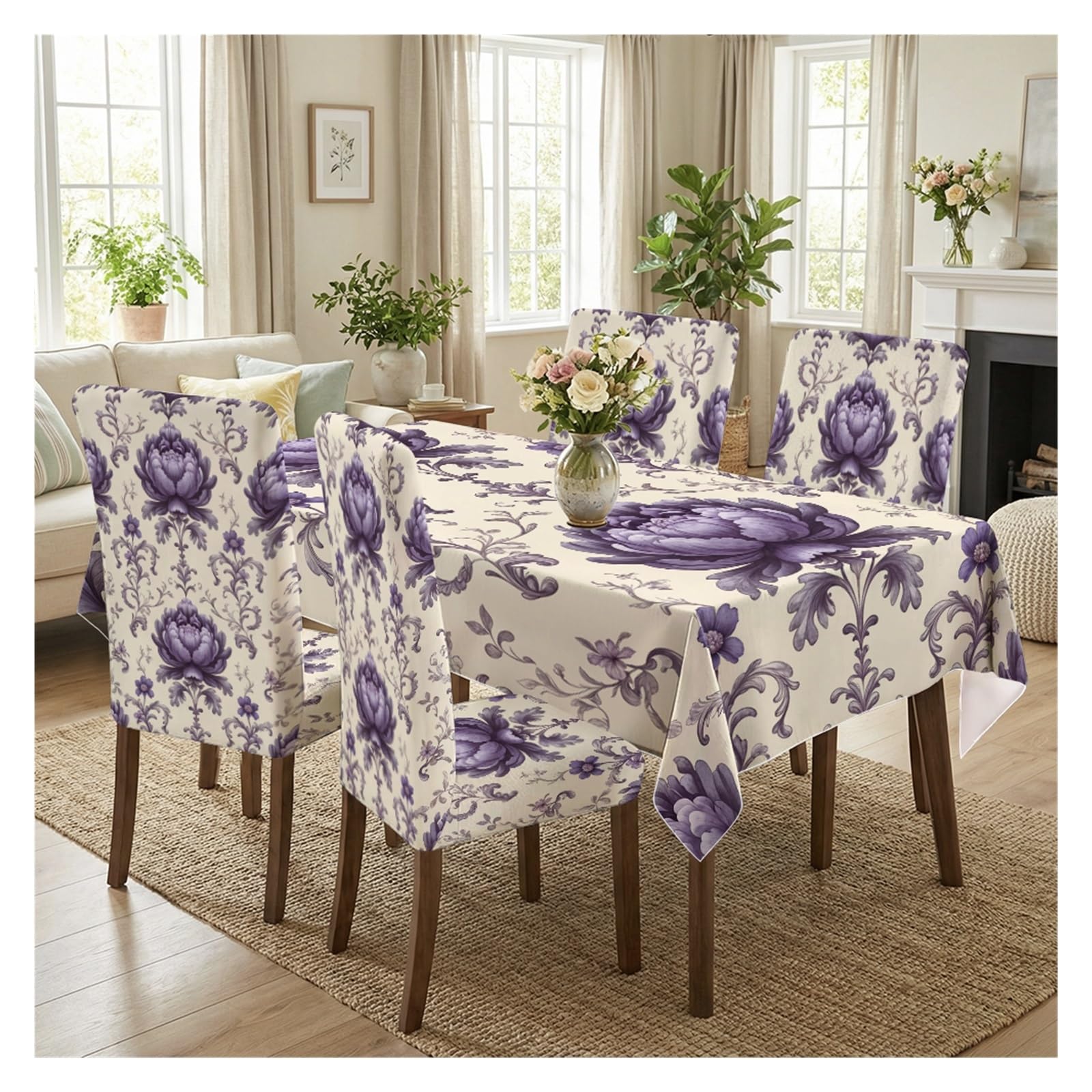 BOSUYBN Purple Peony Damask Floral Dining Tablecloth & Chair Covers Set, 5/7 Piece Vintage Baroque Elegant Farmhouse Dining Room Decor Table Setting(5pcs Set: Tablecloth+Chair Covers)