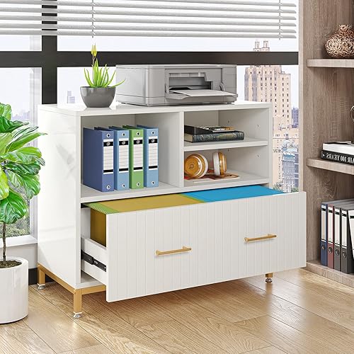 Miniatura 6 de Tribesigns Archivador lateral con cajón, archivador blanco con barra ajustable para colgar archivos de tamaño cartaA4, soporte de madera de 35.4