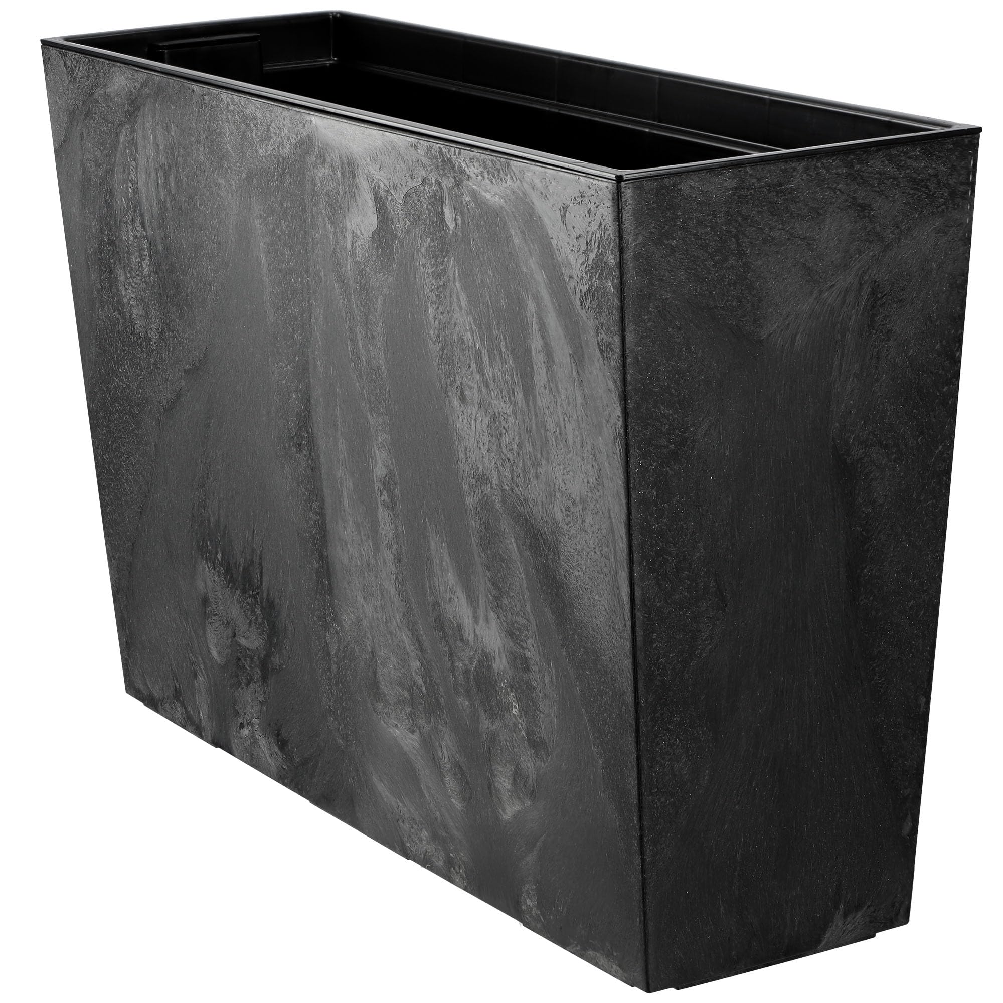 KADAX Blumenkasten aus Kunststoff, 18,5x55,7cm, 5 Farben, Blumentopf mit Bewässerungsbändern, Balkonkasten mit Einsatz, Pflanzkasten für Außen, Blumenkubel (Schwarz, Rechteckig Betonmuster)
