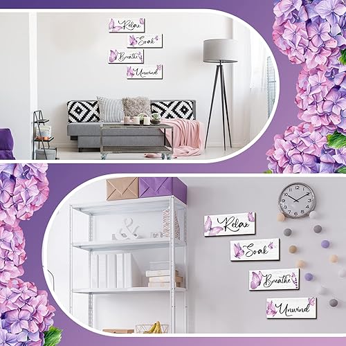 Miniatura 7 de Weysat 4 accesorios de baño morados de 10 x 4 pulgadas, decoración de baño de mariposa para relajarse, remojar y relajarse, decoración de pared de