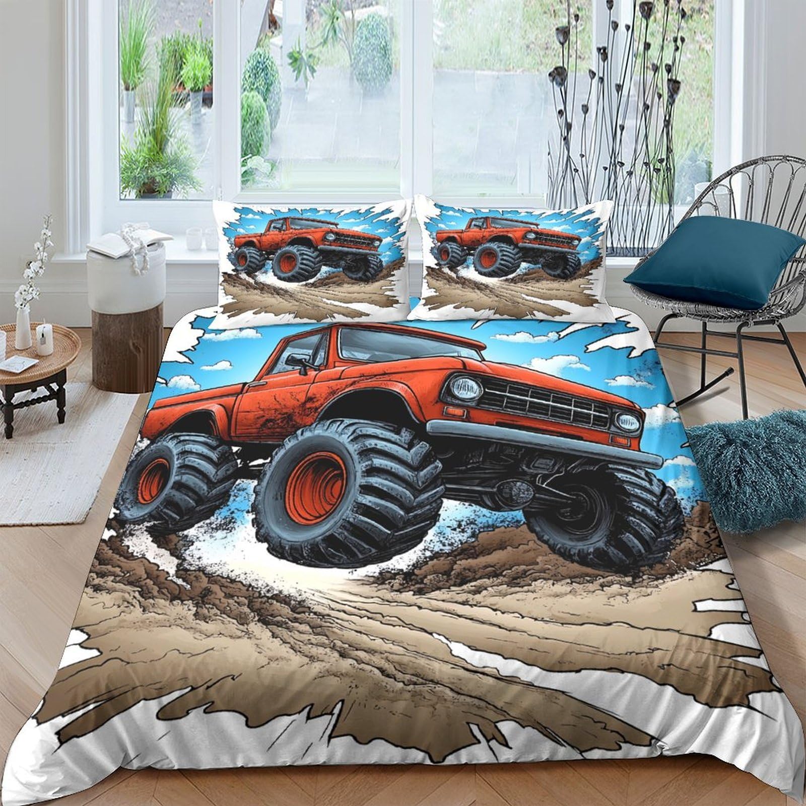 Ctjqhvkz Style-5 3D Printed Monster Truck Fitted Sheet Microfiber Orange Off-Road Bed Cover For Bedroom Dorm Mattress Protection Decor Single（135X200cm）