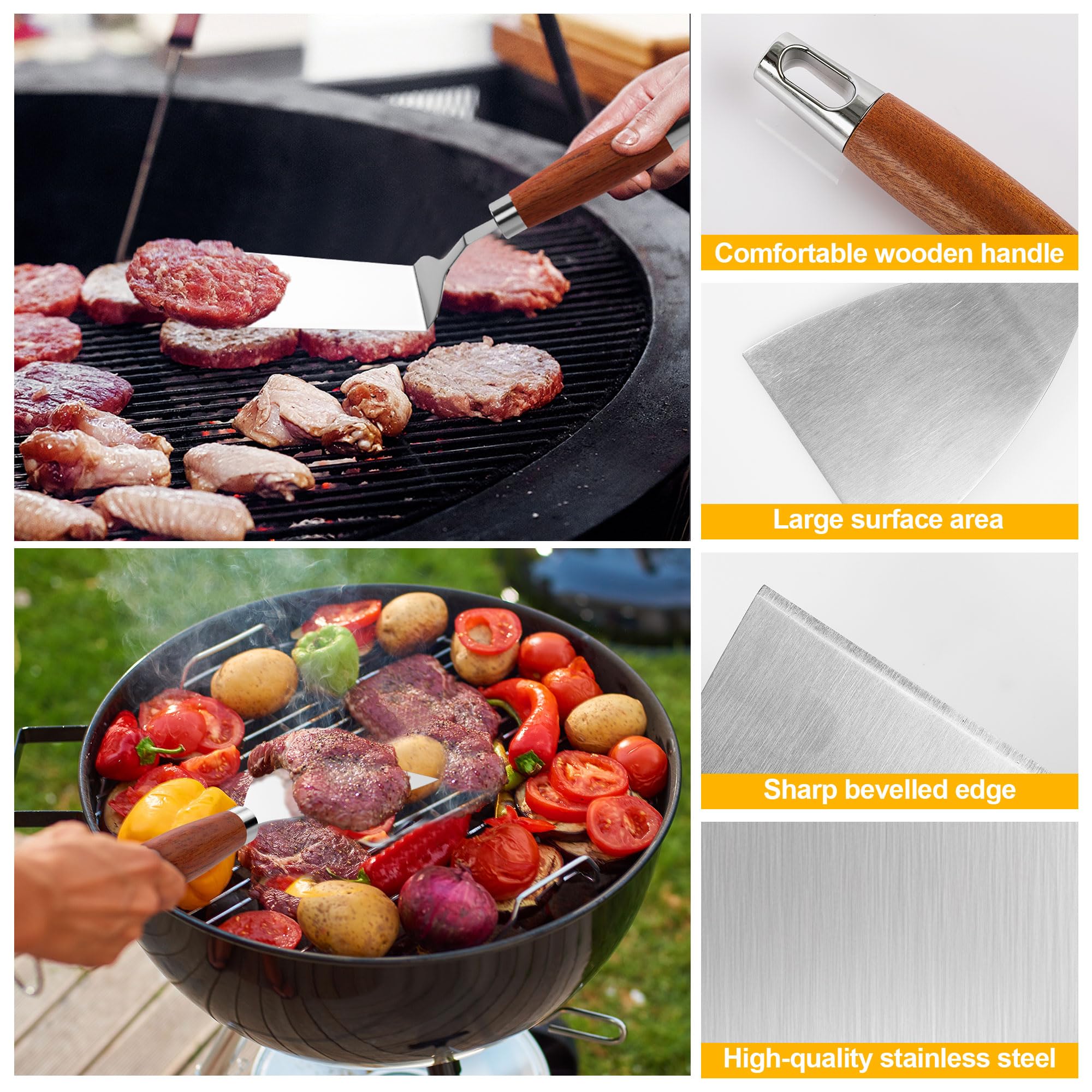 Gimars Set di 4 Spatole Professionali per Barbecue,Palette e Raschietto in Acciaio Inossidabile per Piastra Plancha,Accessori Teppanyaki Smash Burger Kit,Utensili per Griglia Barbecue Pizza