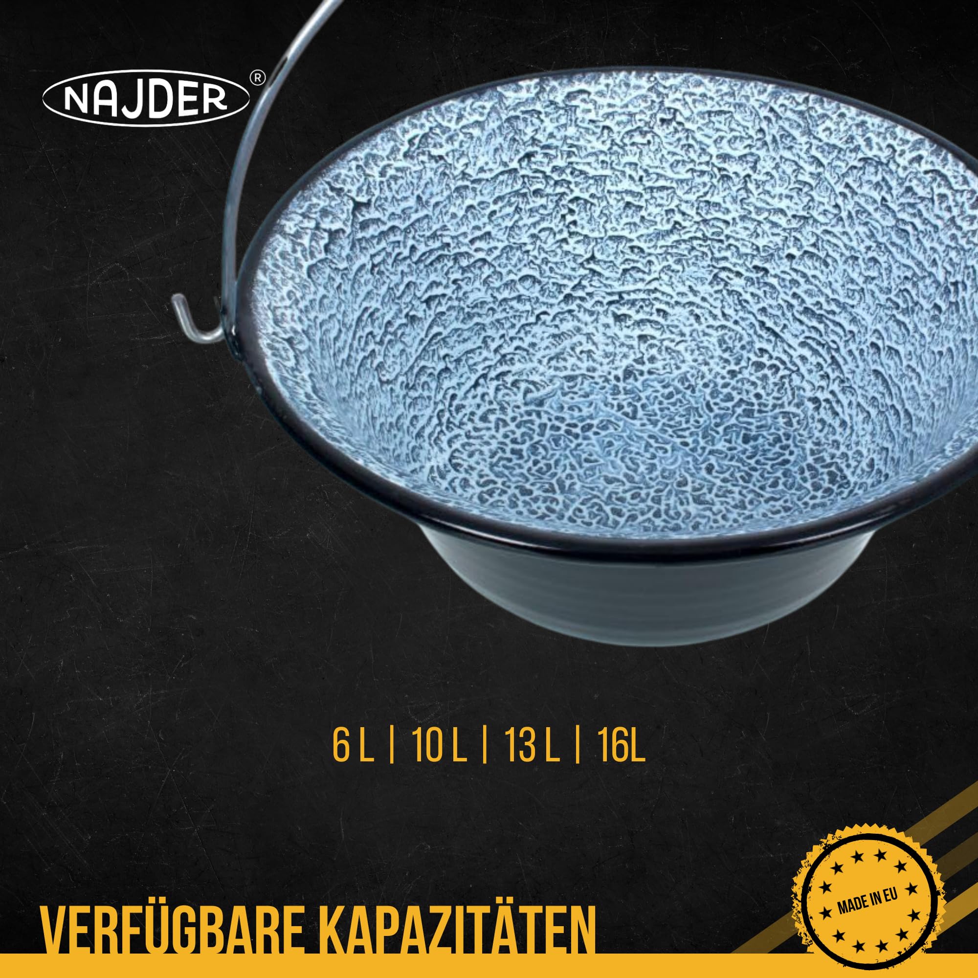 NAJDER Ungarischer Gulaschkessel, Gulaschtopf, Hängender emaillierter Kessel mit Griff, Servierkessel Emaille ohne Deckel, Hängender Topf, Kochkessel aus hochwertigem, emailliertem Stahl, 6L