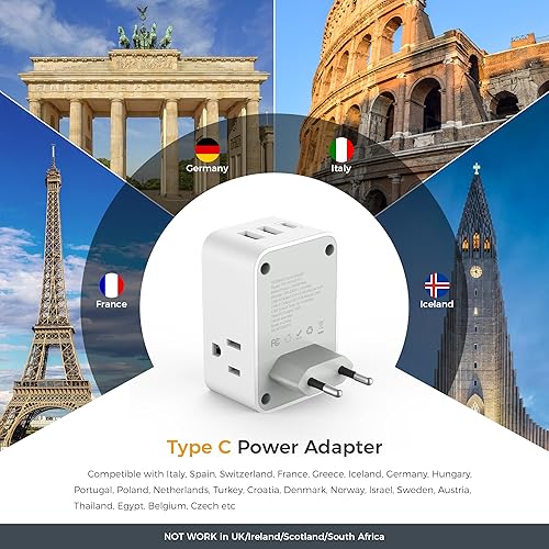 Miniatura 2 de TESSAN - Paquete de 2 adaptadores de enchufe de viaje europeos, adaptador de corriente TESSAN de Estados Unidos a Europa, 3 tomas, 3 puertos USB (1