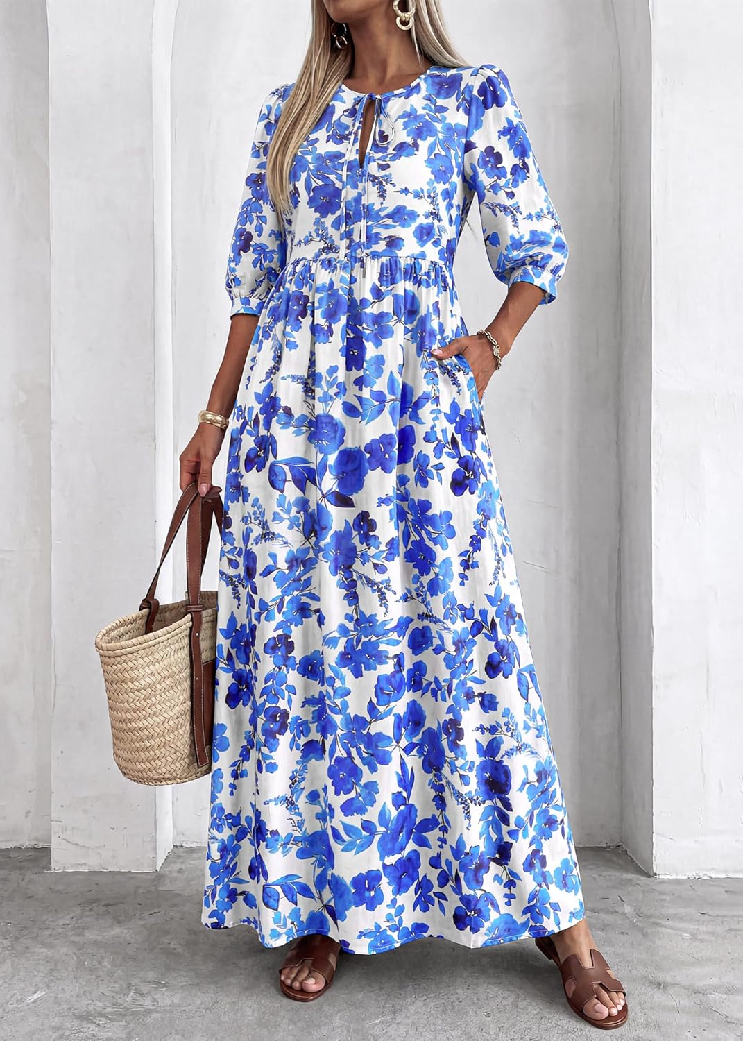 KIRUNDO Women Summer Beach Vacation Wedding Guest Dresses 2026 Spring Boho Floral 3/4 Sleeve Loose Cruise Flowy Maxi Dress - Image 4