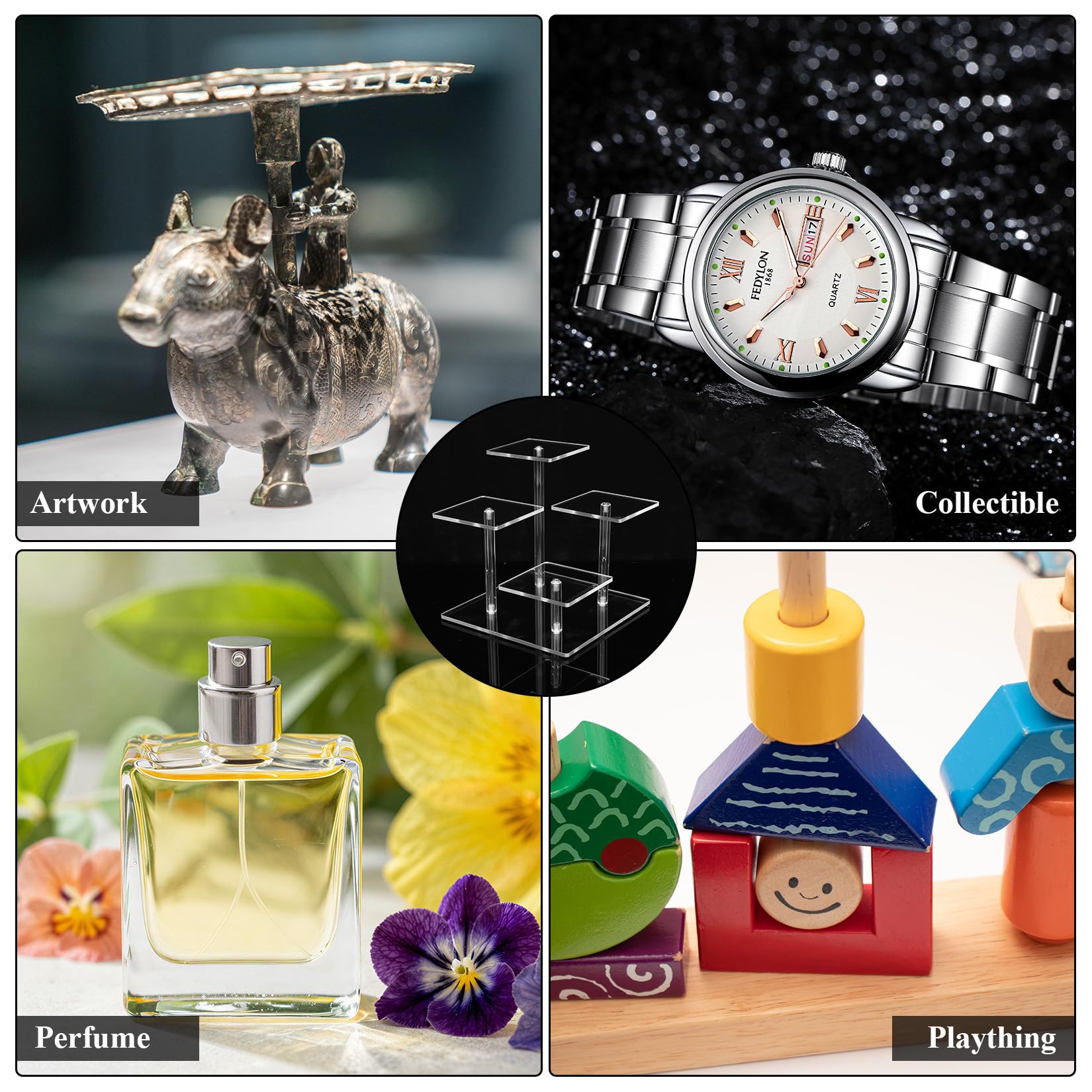 Espositore Acrilico Trasparente Alzate, 3 Livelli/4 Piastre Rialzato Espositori Trasparente per gioielli, dessert, cupcake, cosmetici, figure, collezioni, profumi