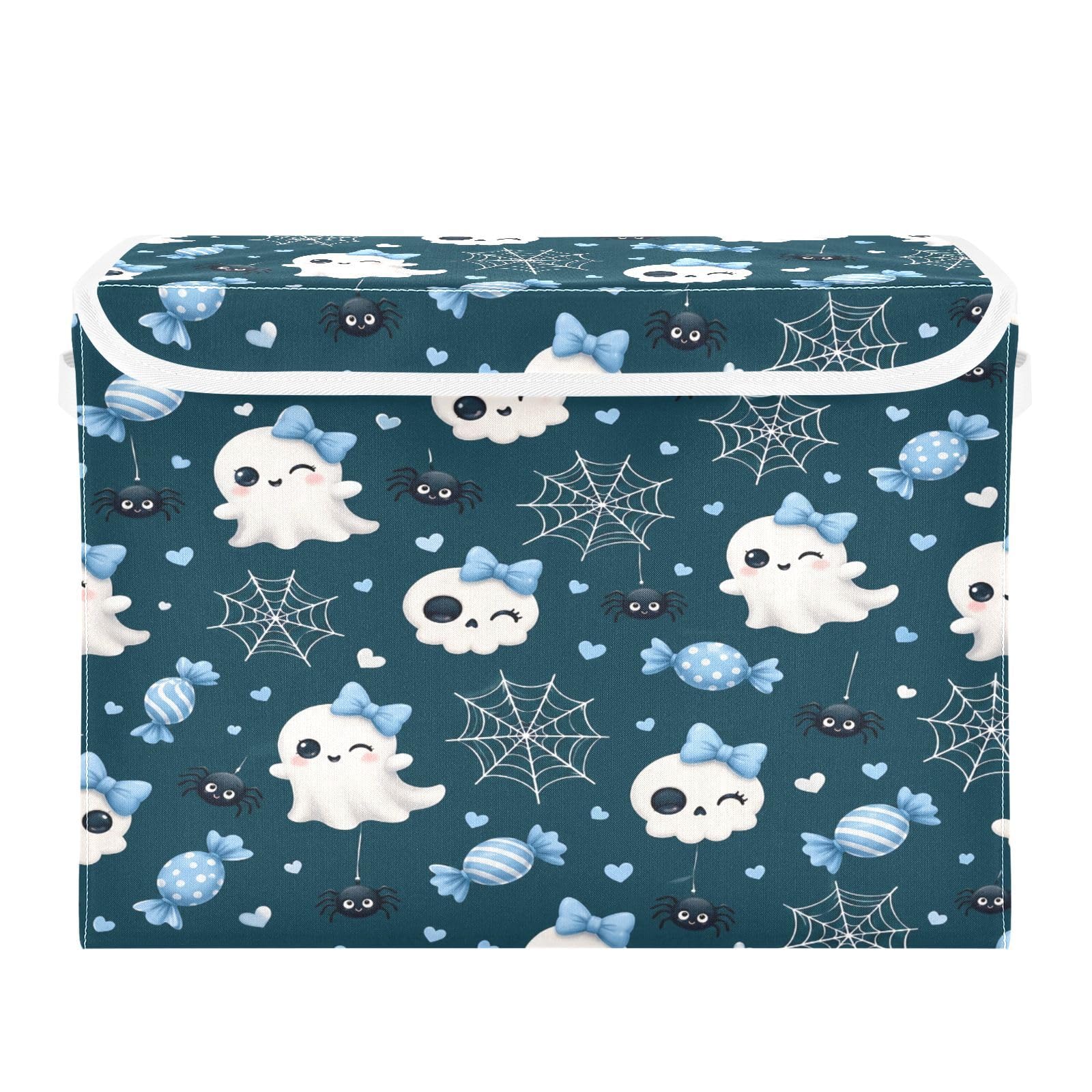 Ewusp Halloween Boo Fabric Storage Bin with Lid, Decorative Foldable Storage Basket with Handles, Stackable Closet Shelf Organiser Box for Clothes, Books, Bedroom, Living Room