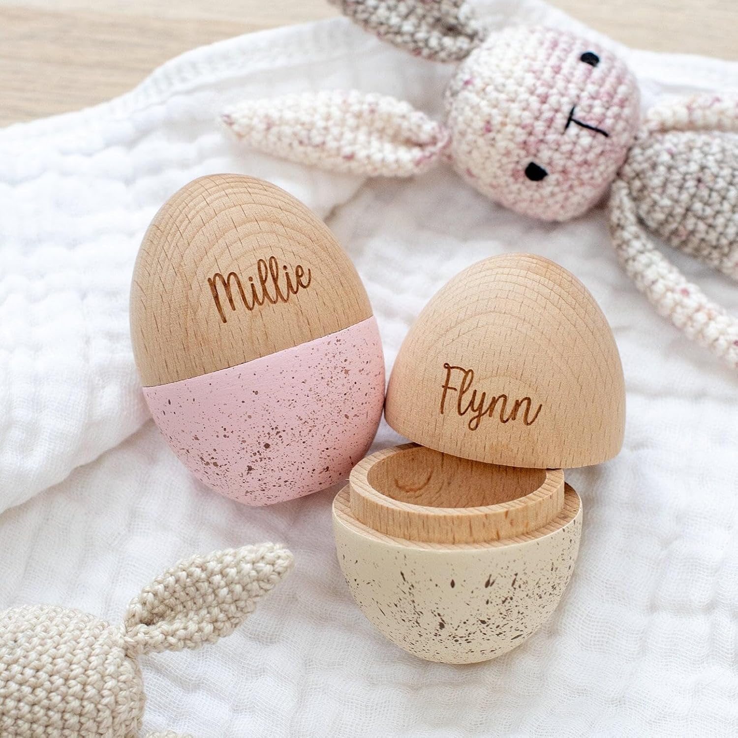 Personalised Little Wooden Hollow Speckled Egg with Engraved Name, Hollow Fillable Keepsake, Fillable Wooden Easter Egg, Play Kitchen Toy Egg