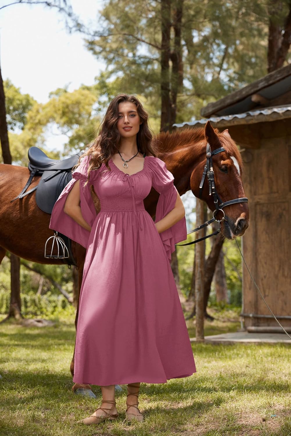 Scarlet Darkness Renaissance Dress for Women Medieval Peasant Dress Long Bell Sleeve Dresses