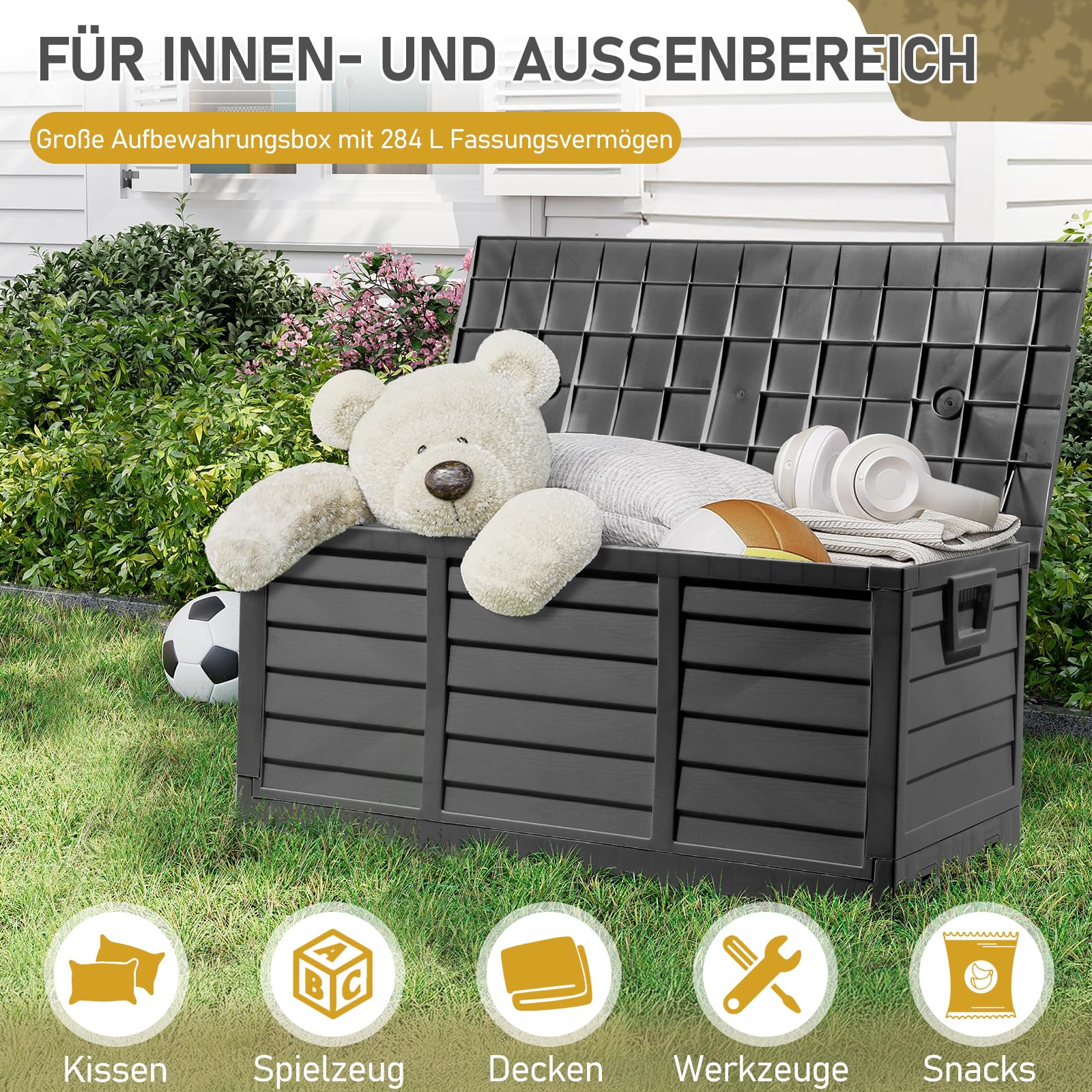 Faltbarer Gartenbox, 284L Fassungsvermögen mit Griffen und Rädern - Wasserfest und UV-beständig, Auflagenbox geeignet für Terrassen, Balkone, Wohnzimmer und Wintergärten (284L Schwarz)