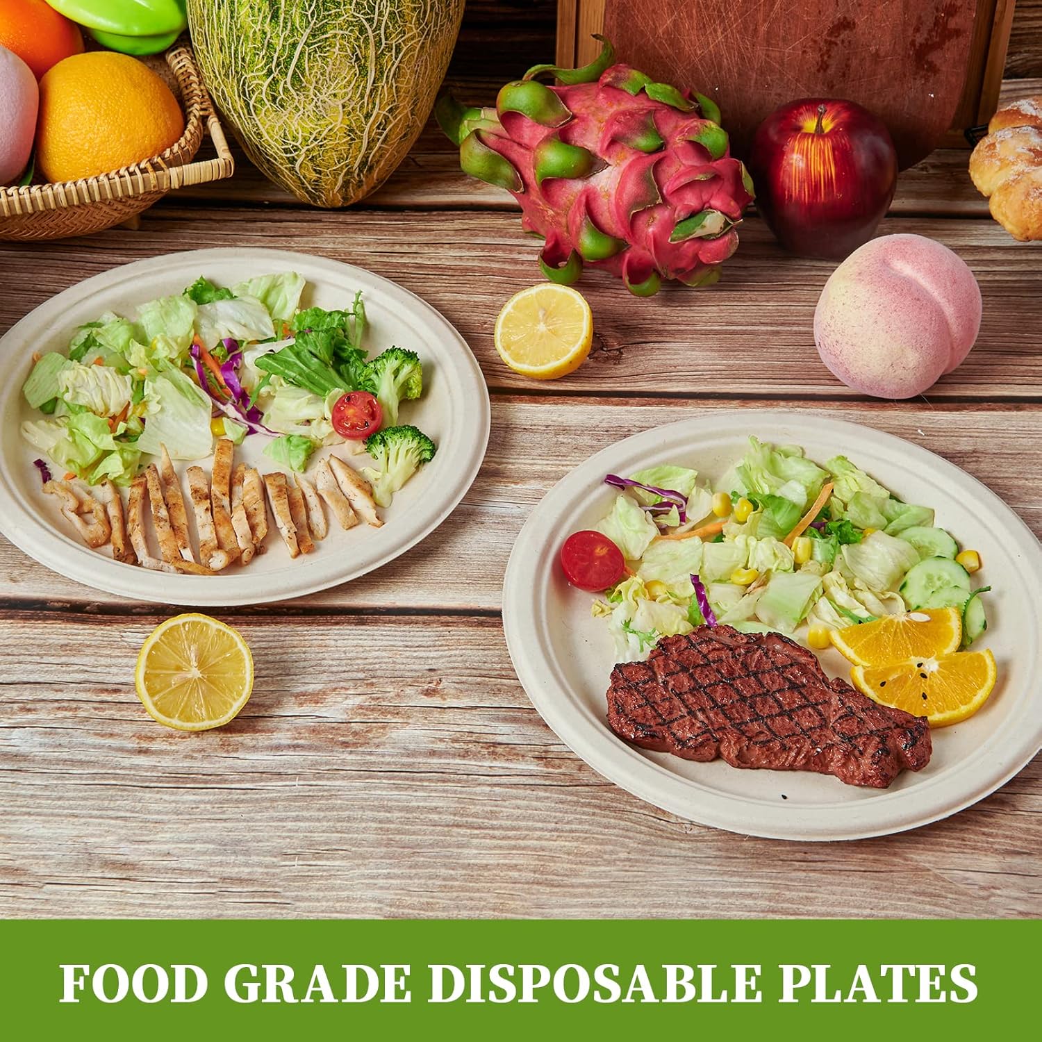 ECOLipak 100% Compostable 10 Inch Paper Plates, 125 Pack Heavy Duty Disposable Biodegradable Eco-friendly Sugarcane Bagasse Plates for Dinner Party