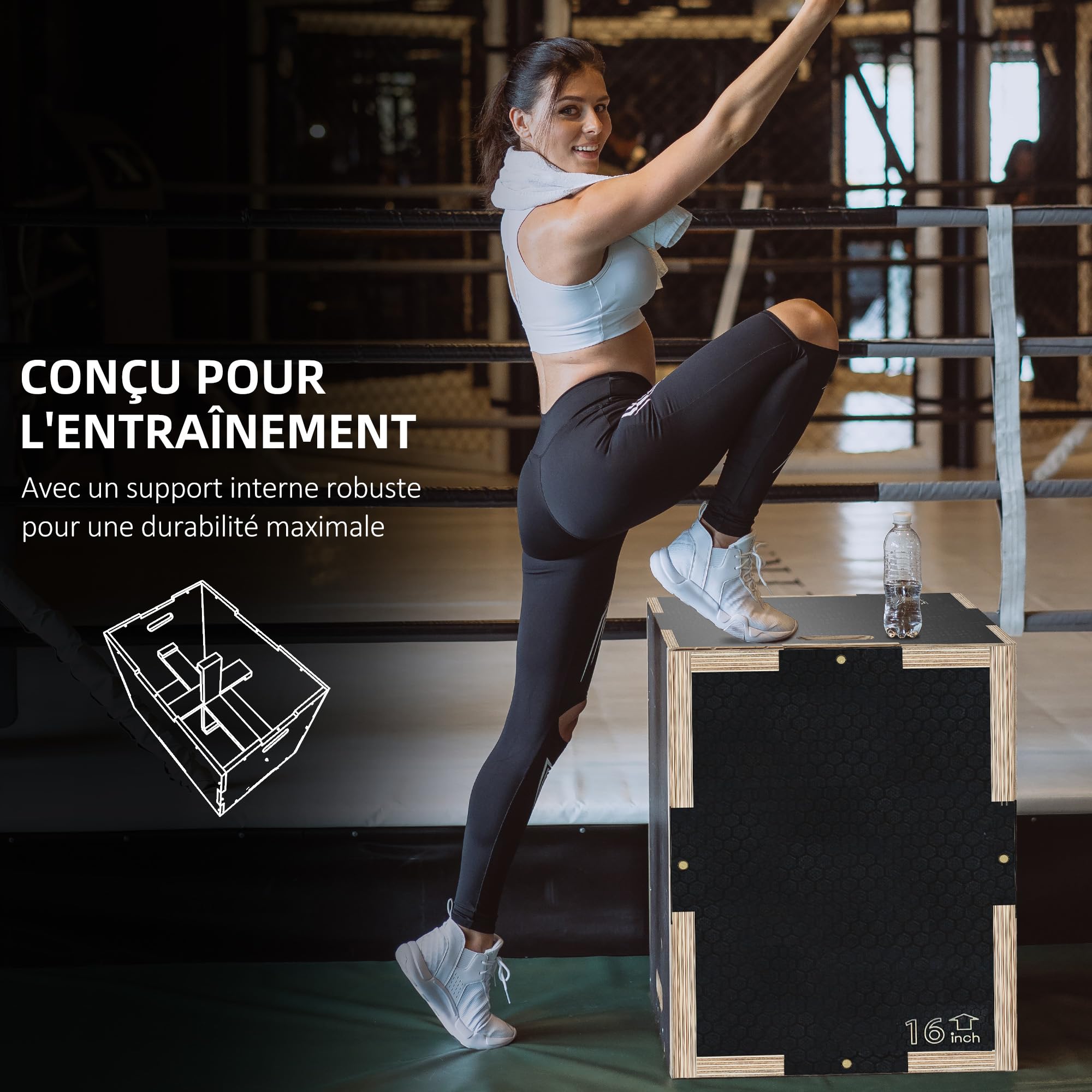 SPORTNOW Box Jump Plyobox skakanka 3 w 1, antypoślizgowa kulturystyka, fitness i trening crossowy, do drewnianego pudełka treningowego, wysokość czarna